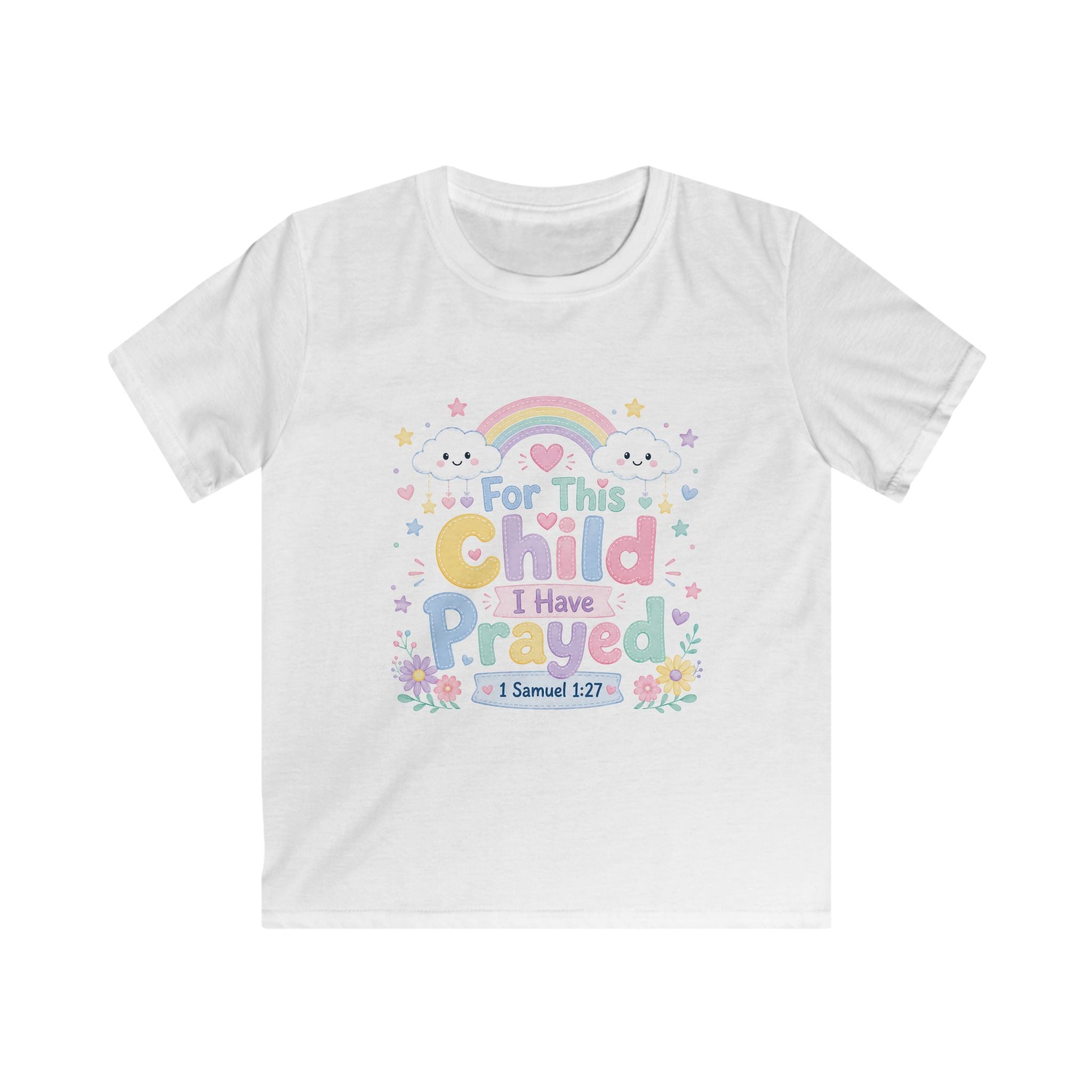 Kids Tee — "For This Child I Have Prayed" Pastel Rainbow Christian Shirt (1 Samuel 1:27)