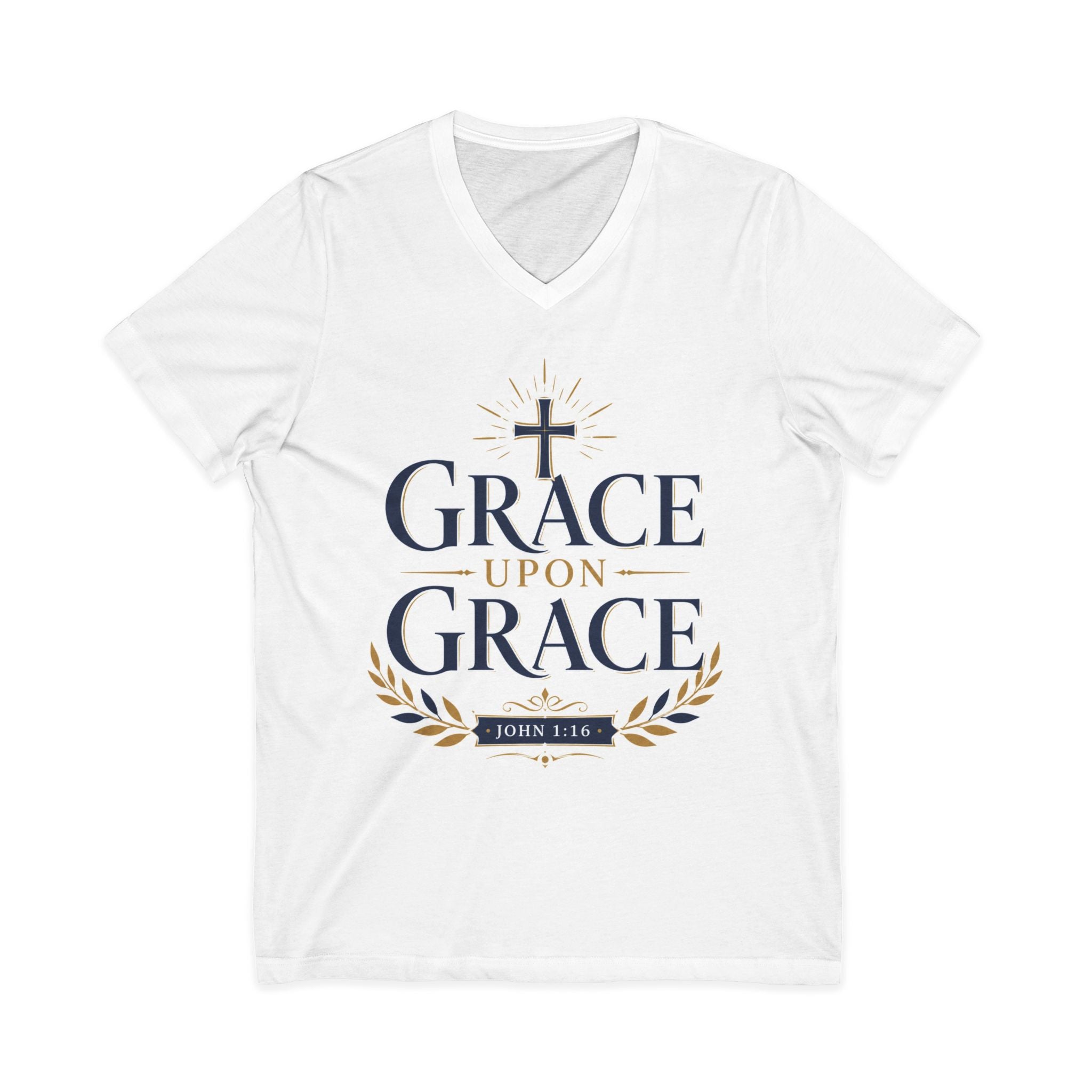 Grace Upon Grace V-Neck Tee — Christian Faith Inspirational Shirt (John 1:16)