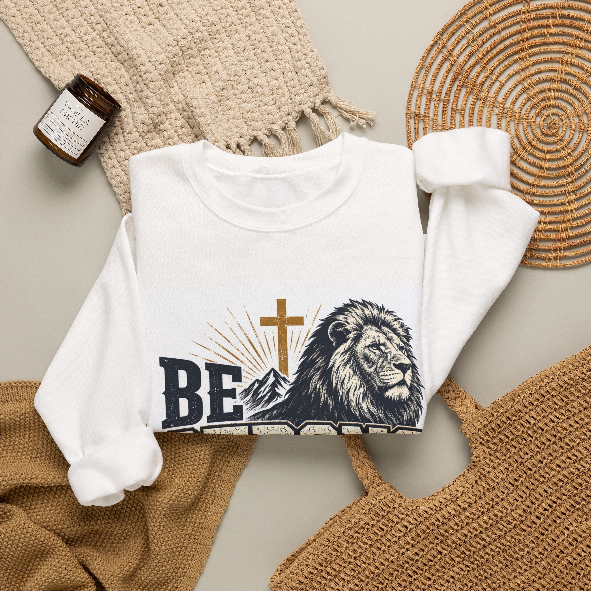 Be Strong and Courageous Crewneck Sweatshirt — Joshua 1:9 Lion & Cross Christian Pullover