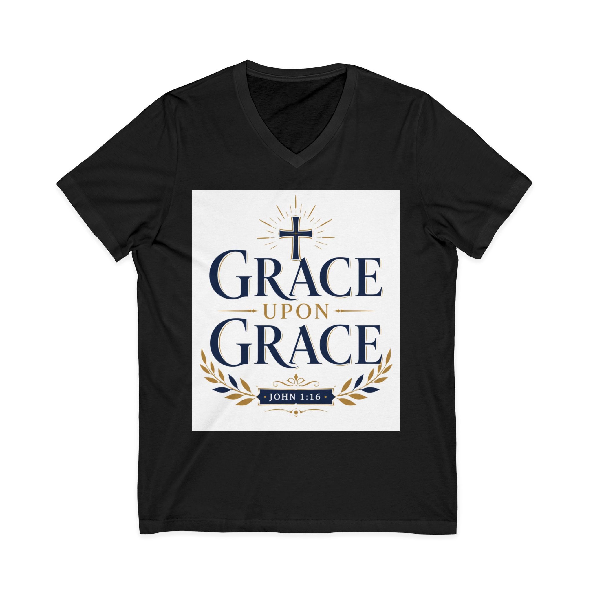 Grace Upon Grace V-Neck Tee — Christian Faith Inspirational Shirt (John 1:16)
