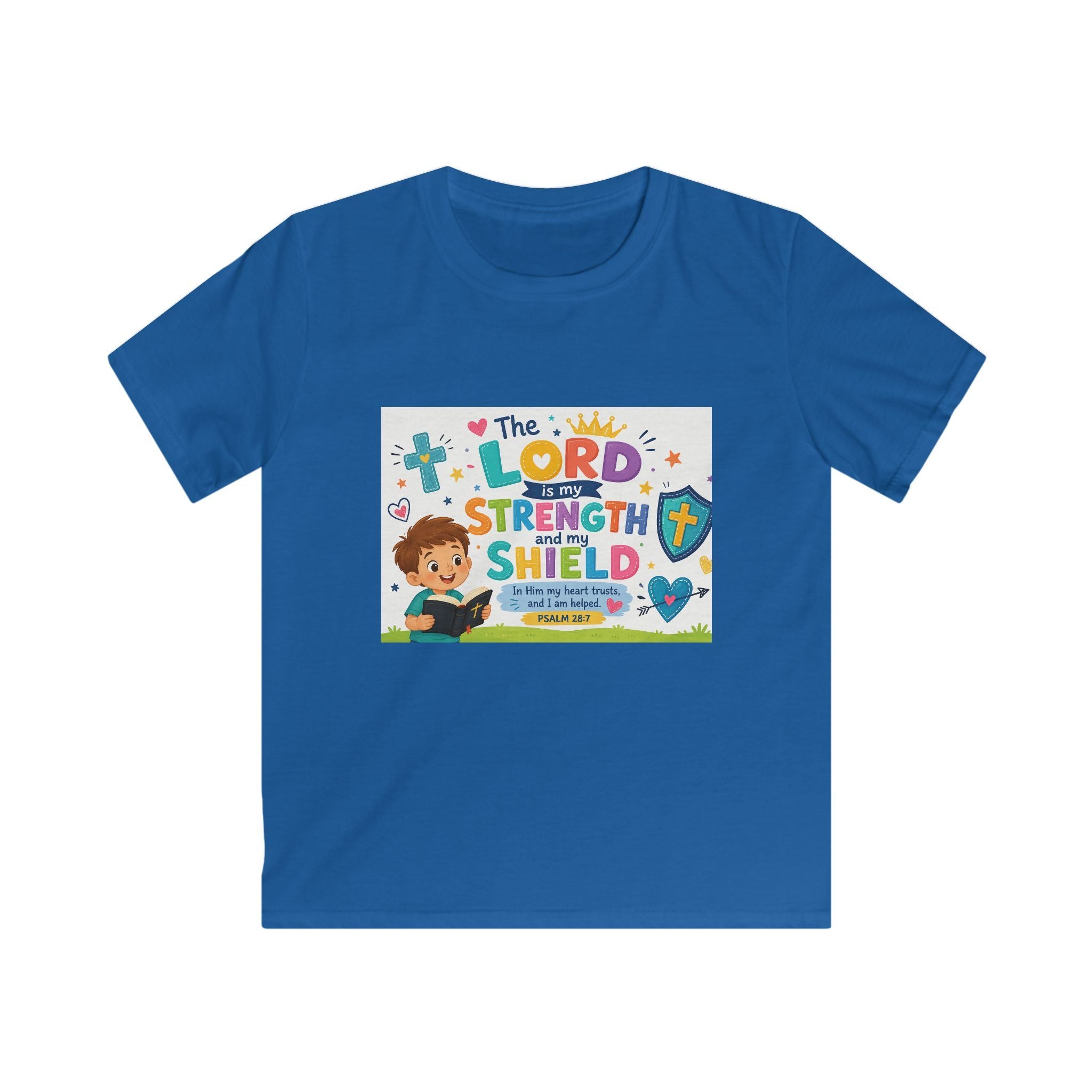 Kids Tee — "The LORD is My Strength and Shield" Christian Bible Verse Shirt