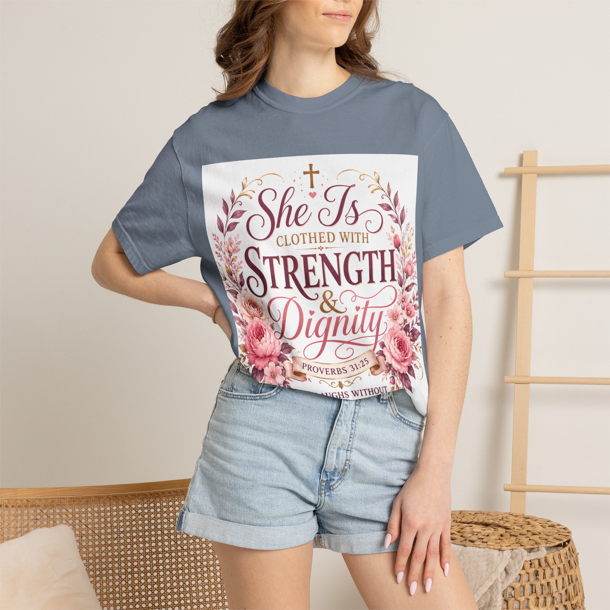 She Is Clothed With Strength & Dignity T-Shirt — Proverbs 31 Floral Christian Tee