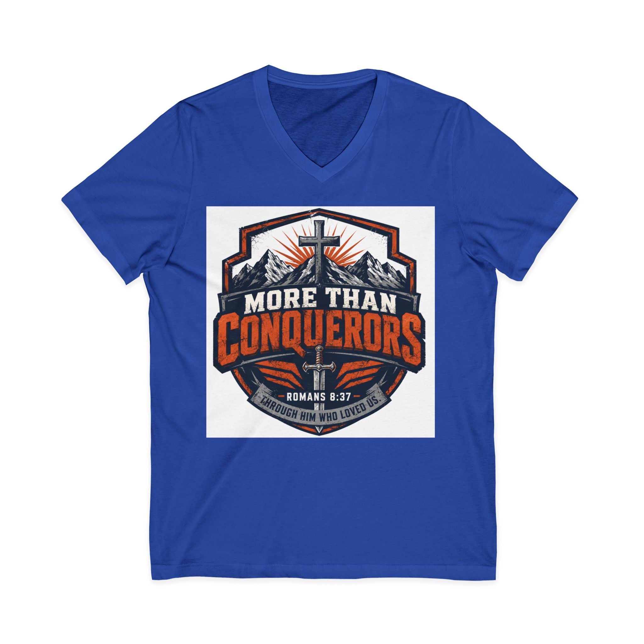 More Than Conquerors V-Neck Tee — Christian Faith Graphic Shirt (Romans 8:37)