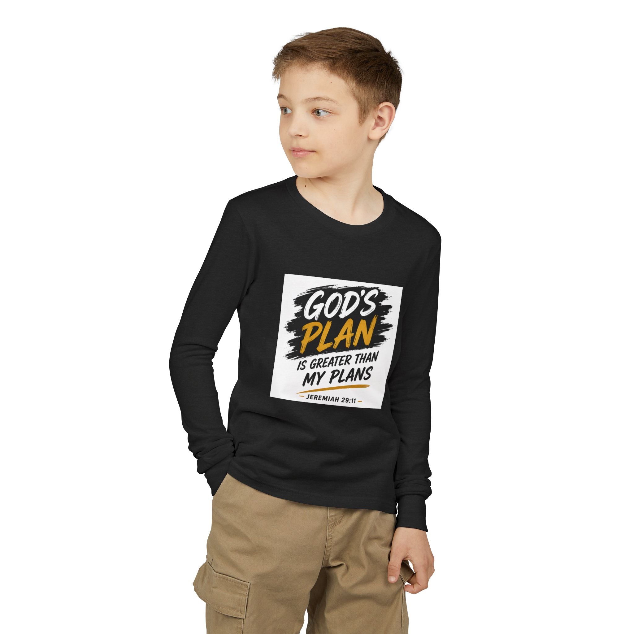 God's Plan Youth Long Sleeve Tee — "God's Plan Is Greater Than My Plans" Christian Kids Shirt
