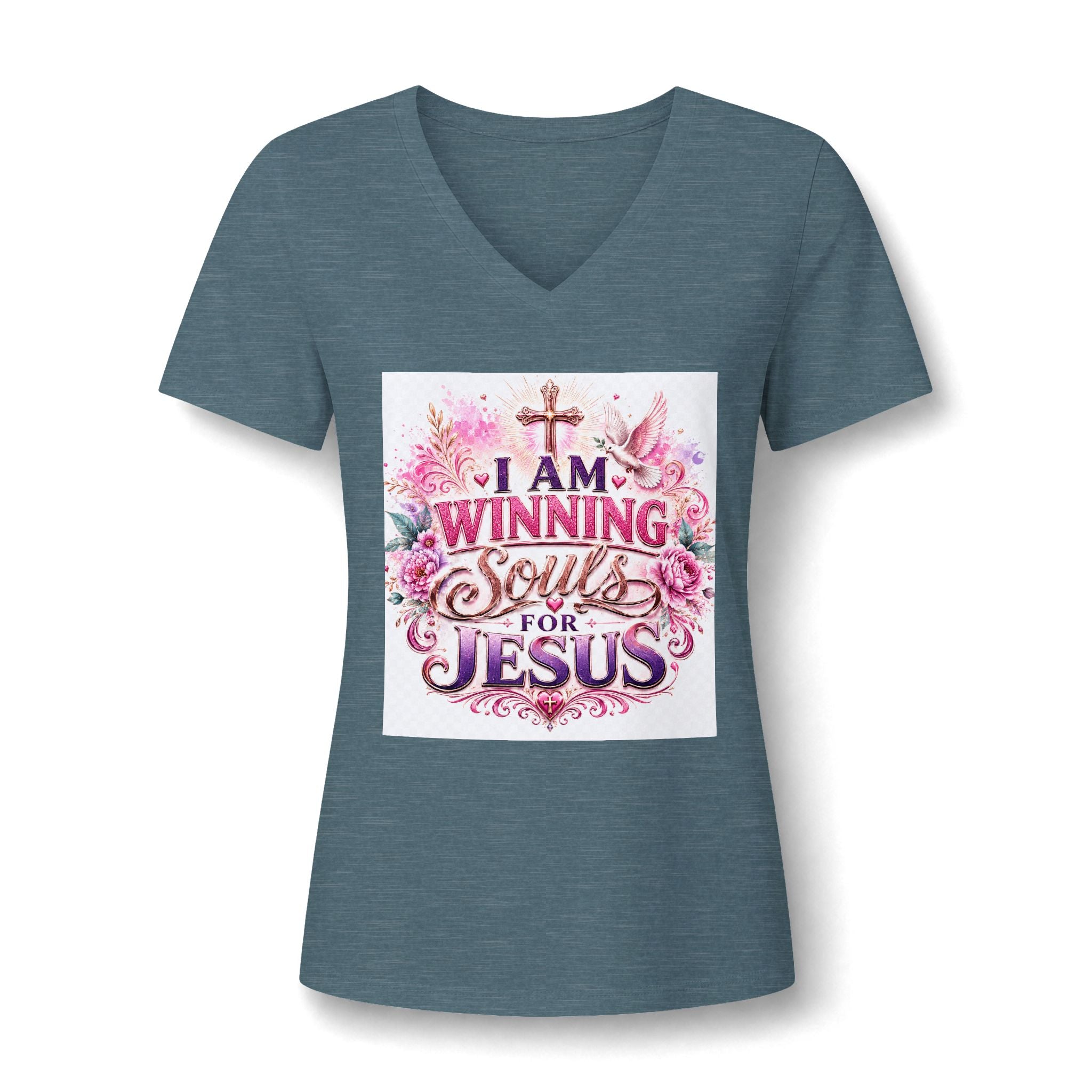 Christian V-Neck Tee — "I Am Winning Souls for Jesus" Floral Design