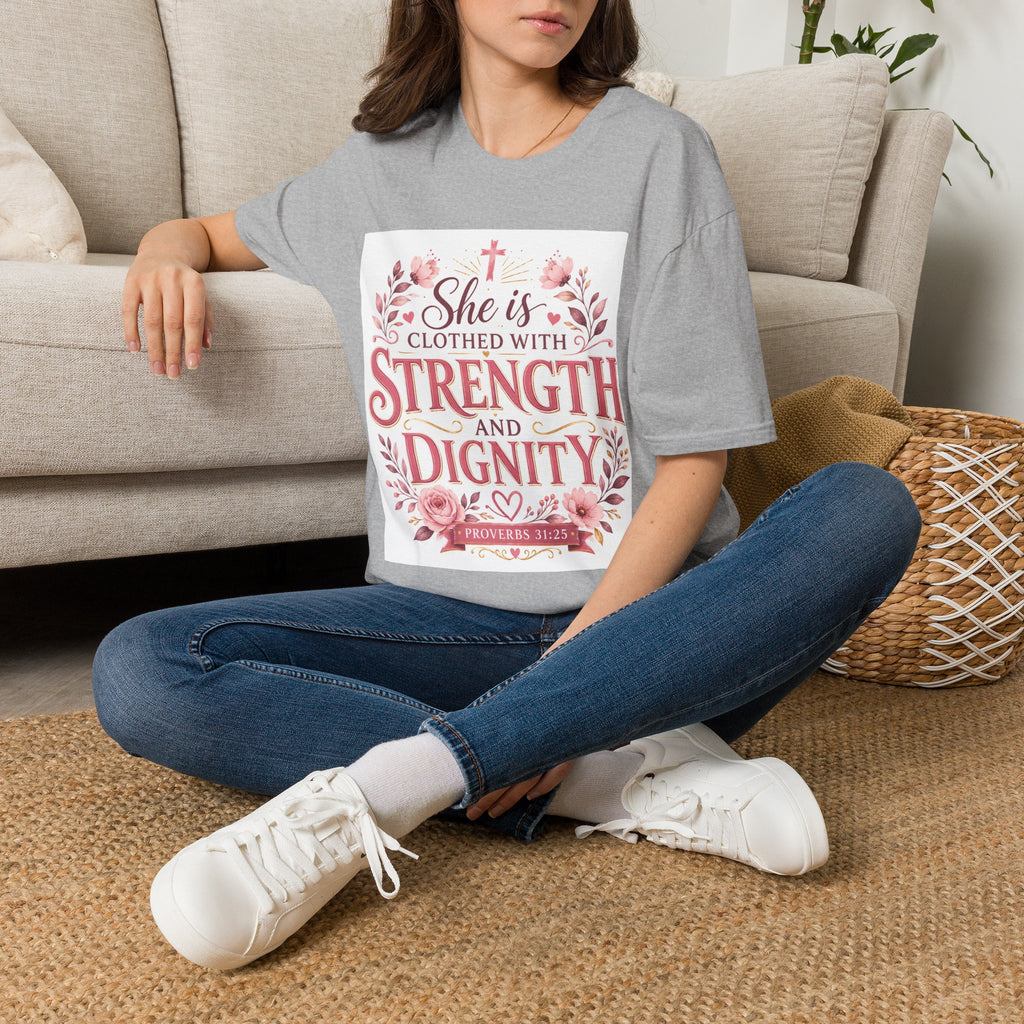 T-Shirt — "She Is Clothed With Strength and Dignity" Christian Floral Inspirational Tee