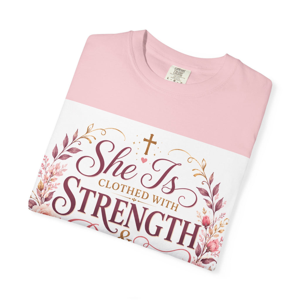 She Is Clothed With Strength & Dignity T-Shirt — Proverbs 31 Floral Christian Tee