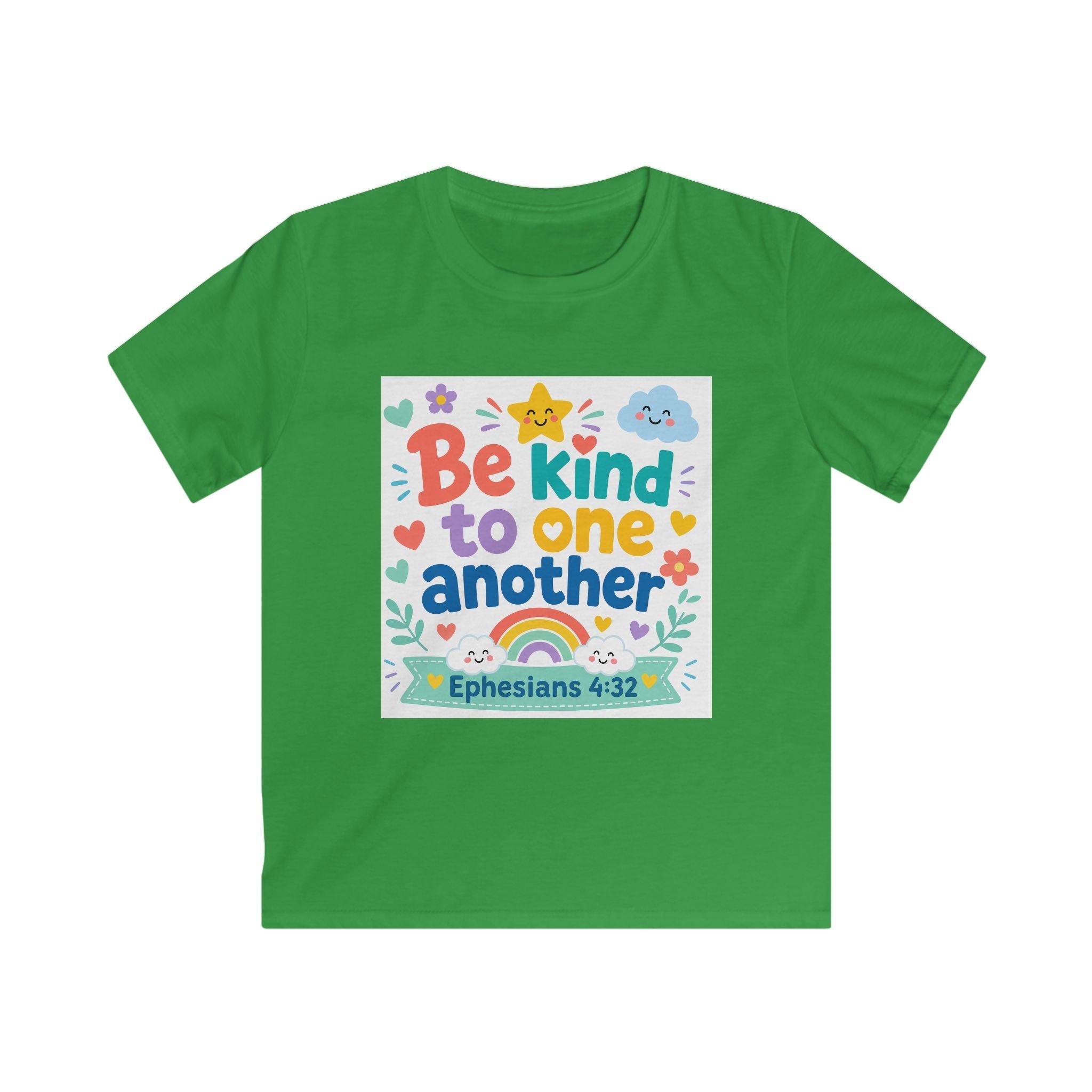 Kids Tee — “Be Kind to One Another” Ephesians 4:32 Christian Rainbow Shirt