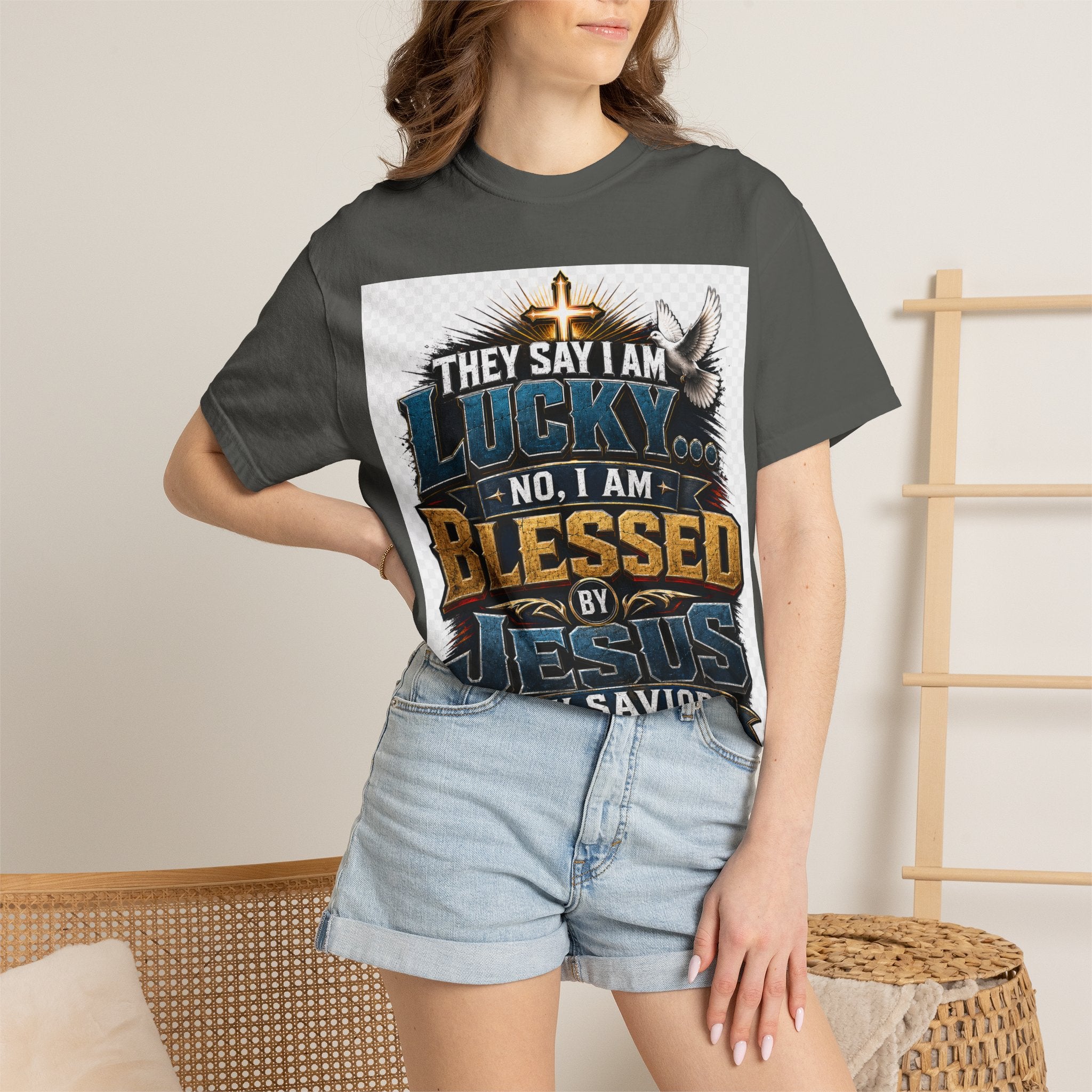 Blessed by Jesus T-Shirt — “They Say I Am Lucky, No I Am Blessed by Jesus My Savior” Christian Tee