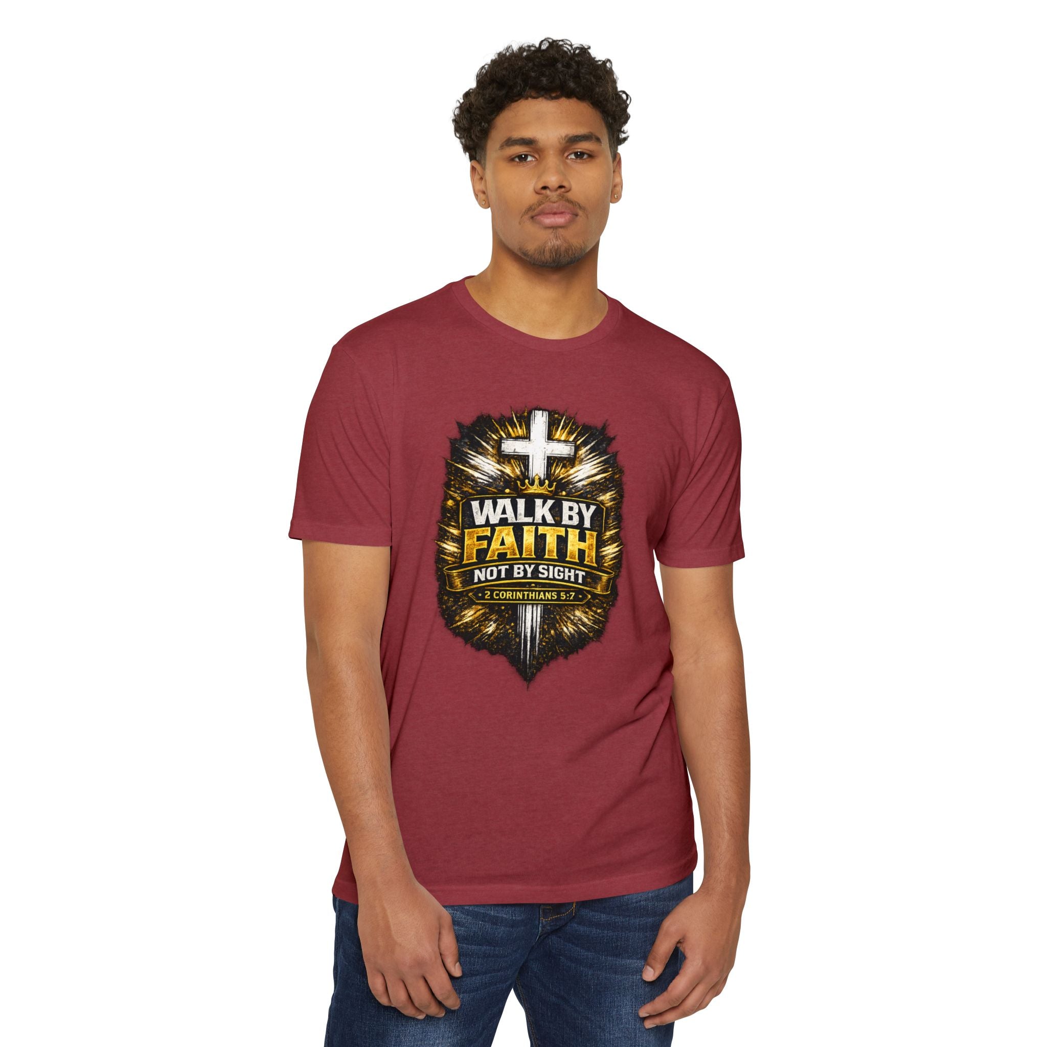 Walk By Faith T-Shirt — Christian Cross Scripture Tee (2 Corinthians 5:7)