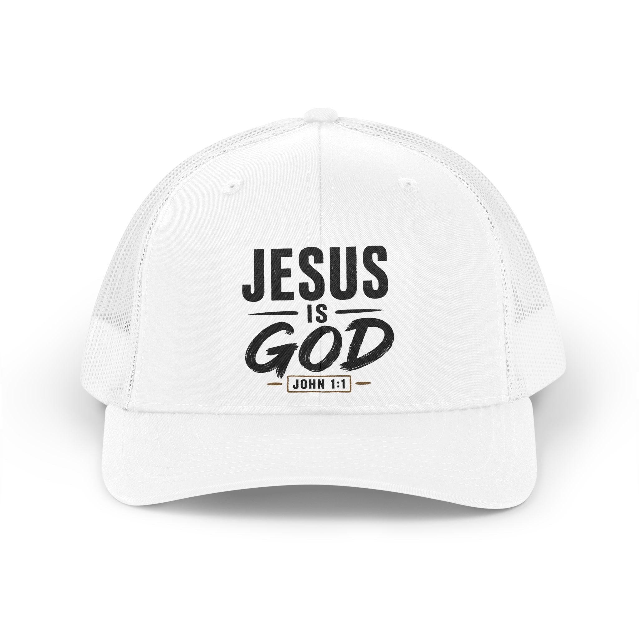 Jesus Is God Trucker Hat — Retro Christian Mesh Cap (John 1:1)