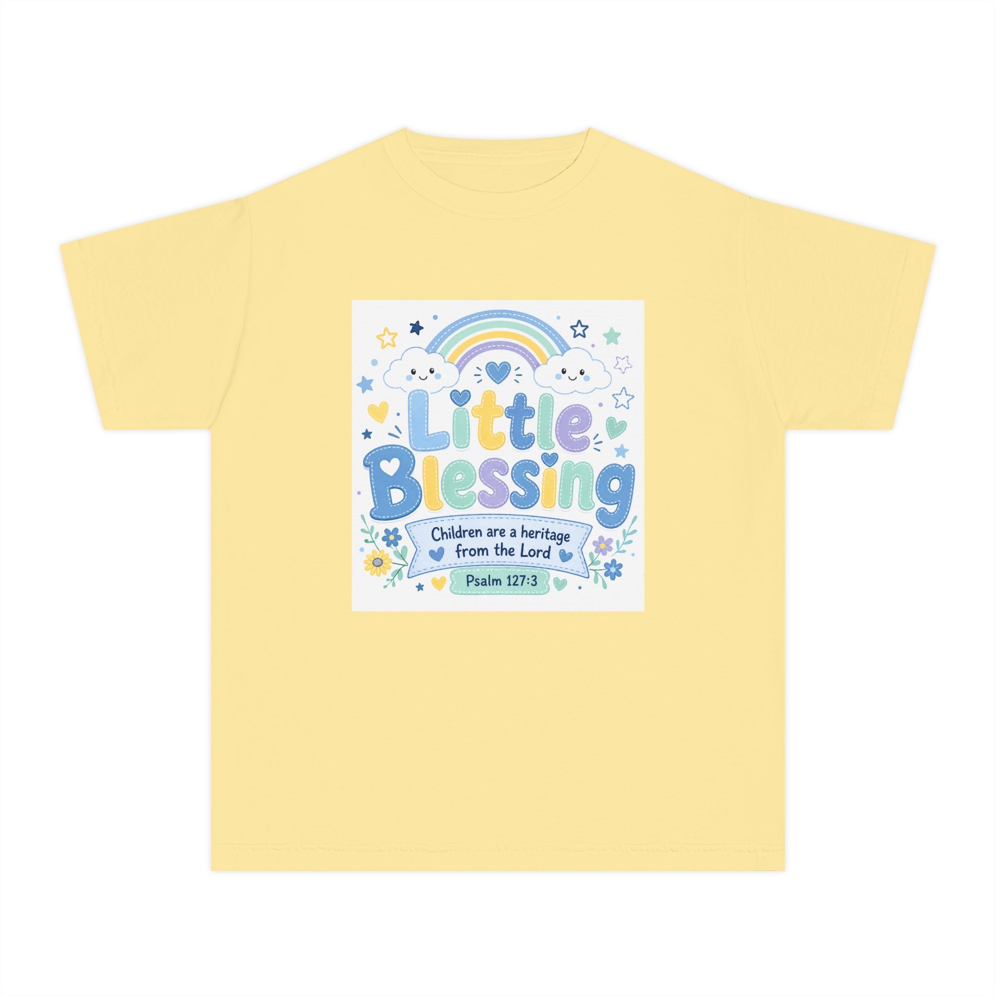 Youth Tee - "Little Blessing" Kids Shirt with Rainbow & Psalm 127:3 Design