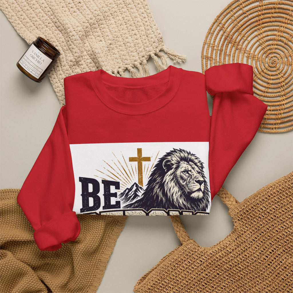 Be Strong and Courageous Crewneck Sweatshirt — Joshua 1:9 Lion & Cross Christian Pullover
