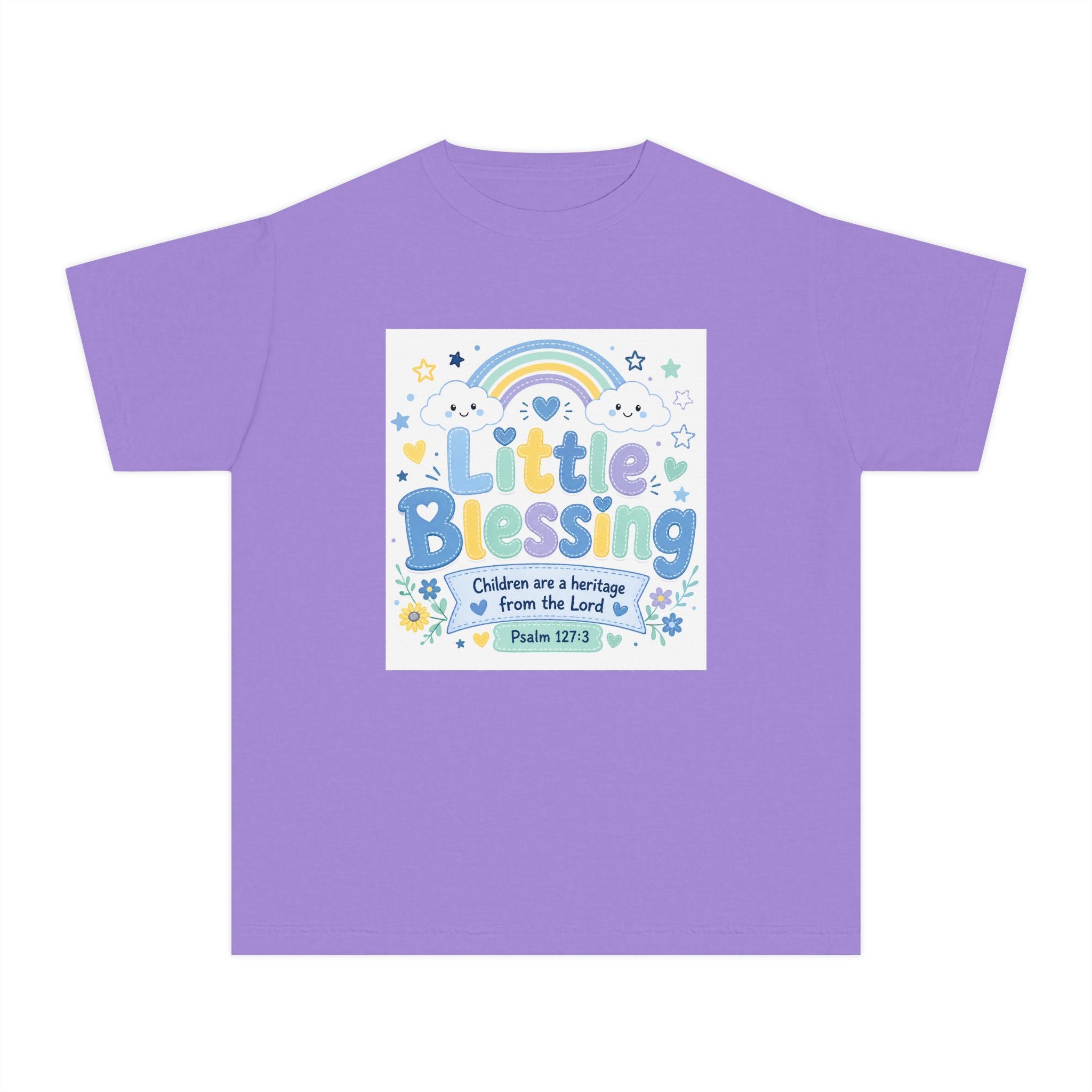 Youth Tee - "Little Blessing" Kids Shirt with Rainbow & Psalm 127:3 Design