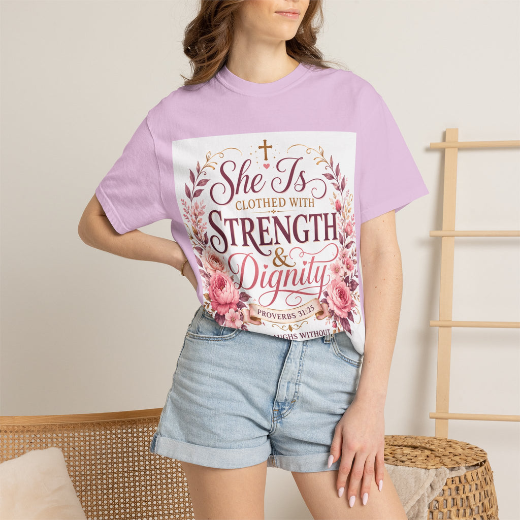 She Is Clothed With Strength & Dignity T-Shirt — Proverbs 31 Floral Christian Tee
