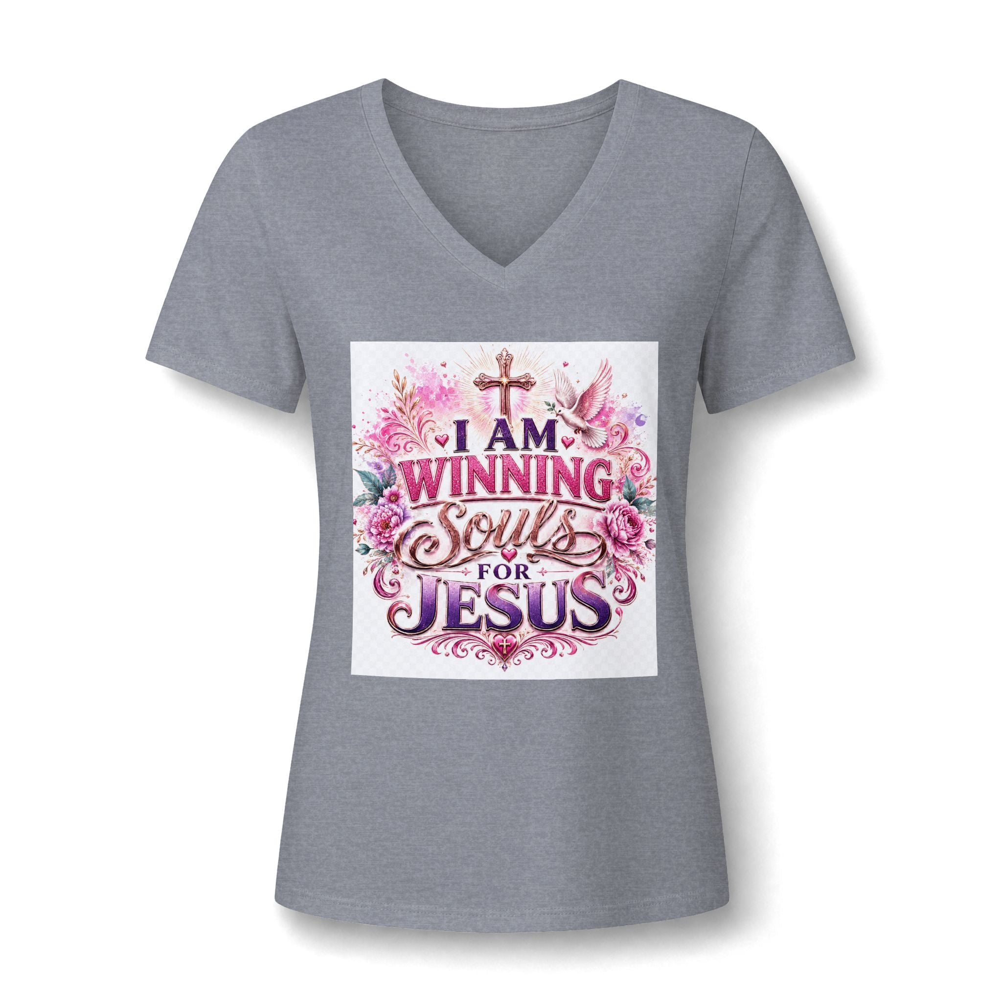 Christian V-Neck Tee — "I Am Winning Souls for Jesus" Floral Design