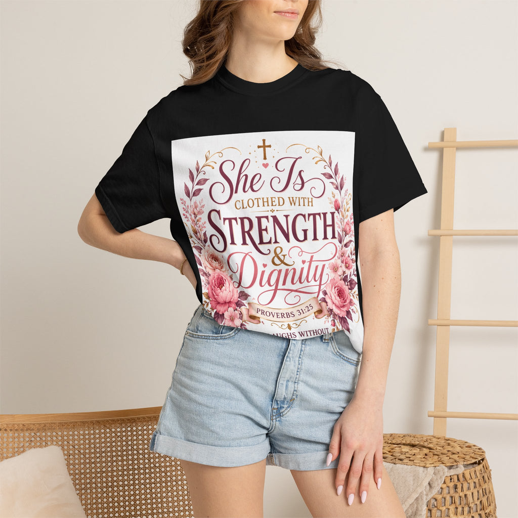 She Is Clothed With Strength & Dignity T-Shirt — Proverbs 31 Floral Christian Tee