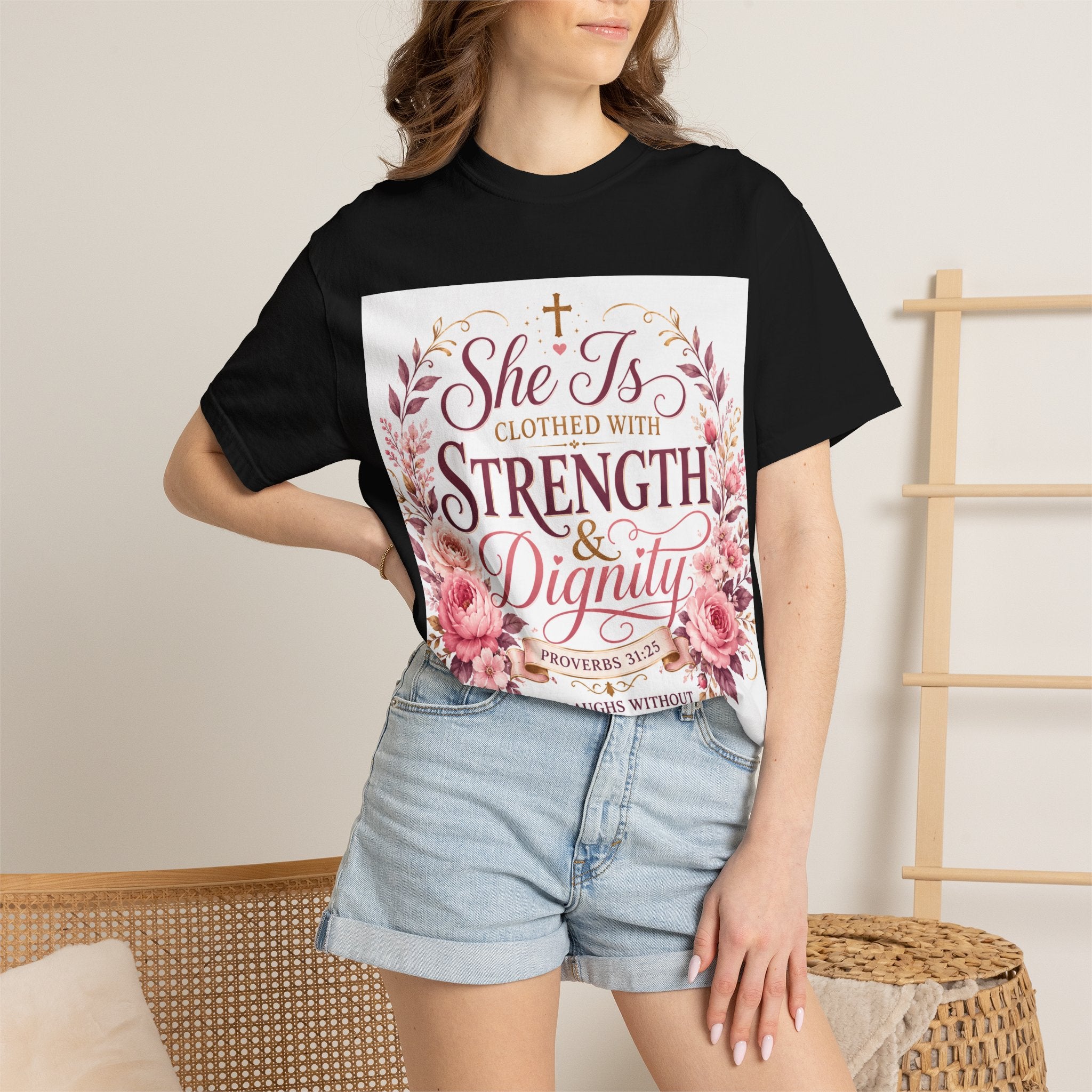 She Is Clothed With Strength & Dignity T-Shirt — Proverbs 31 Floral Christian Tee