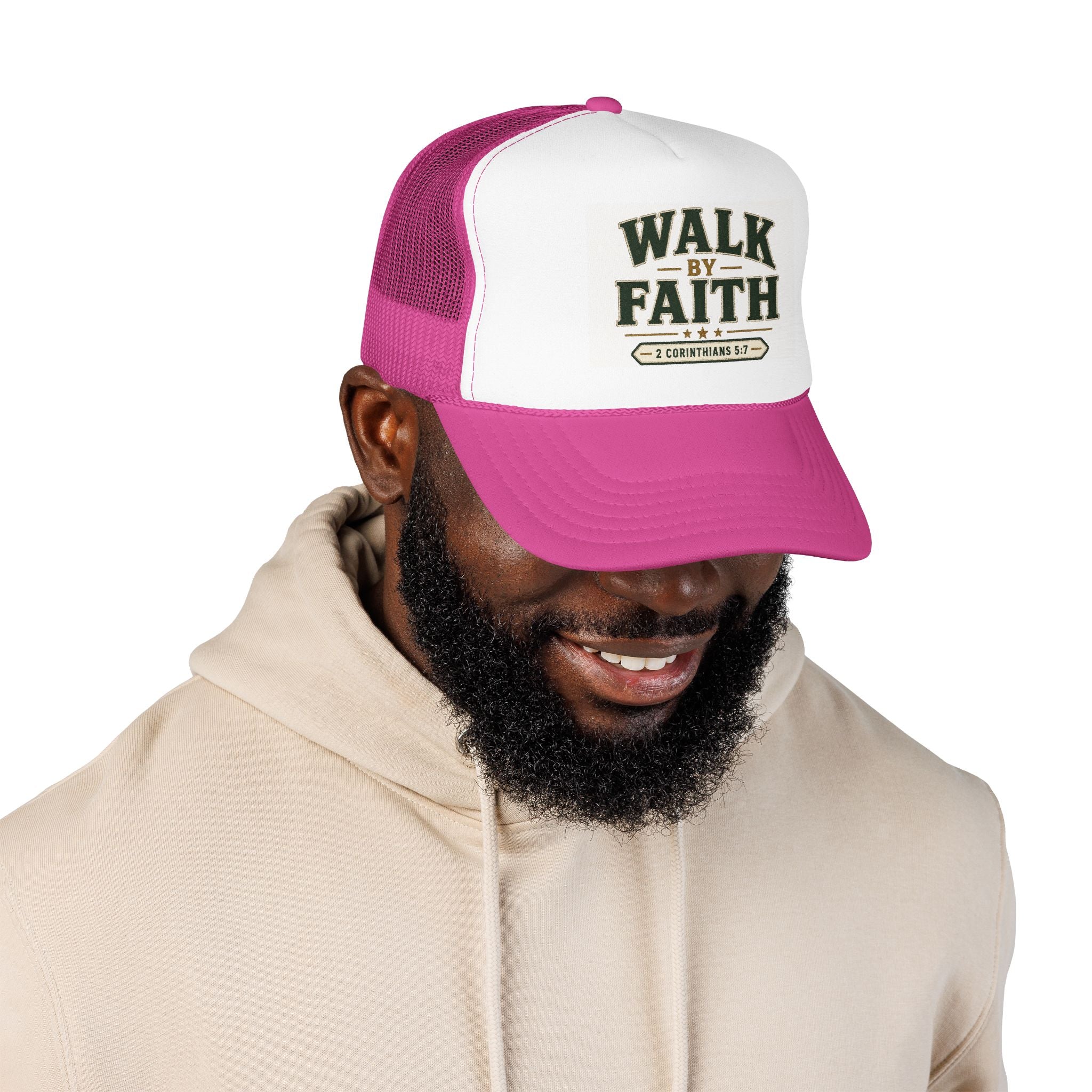 Walk By Faith Foam Trucker Hat — 2 Corinthians 5:7 Christian Cap