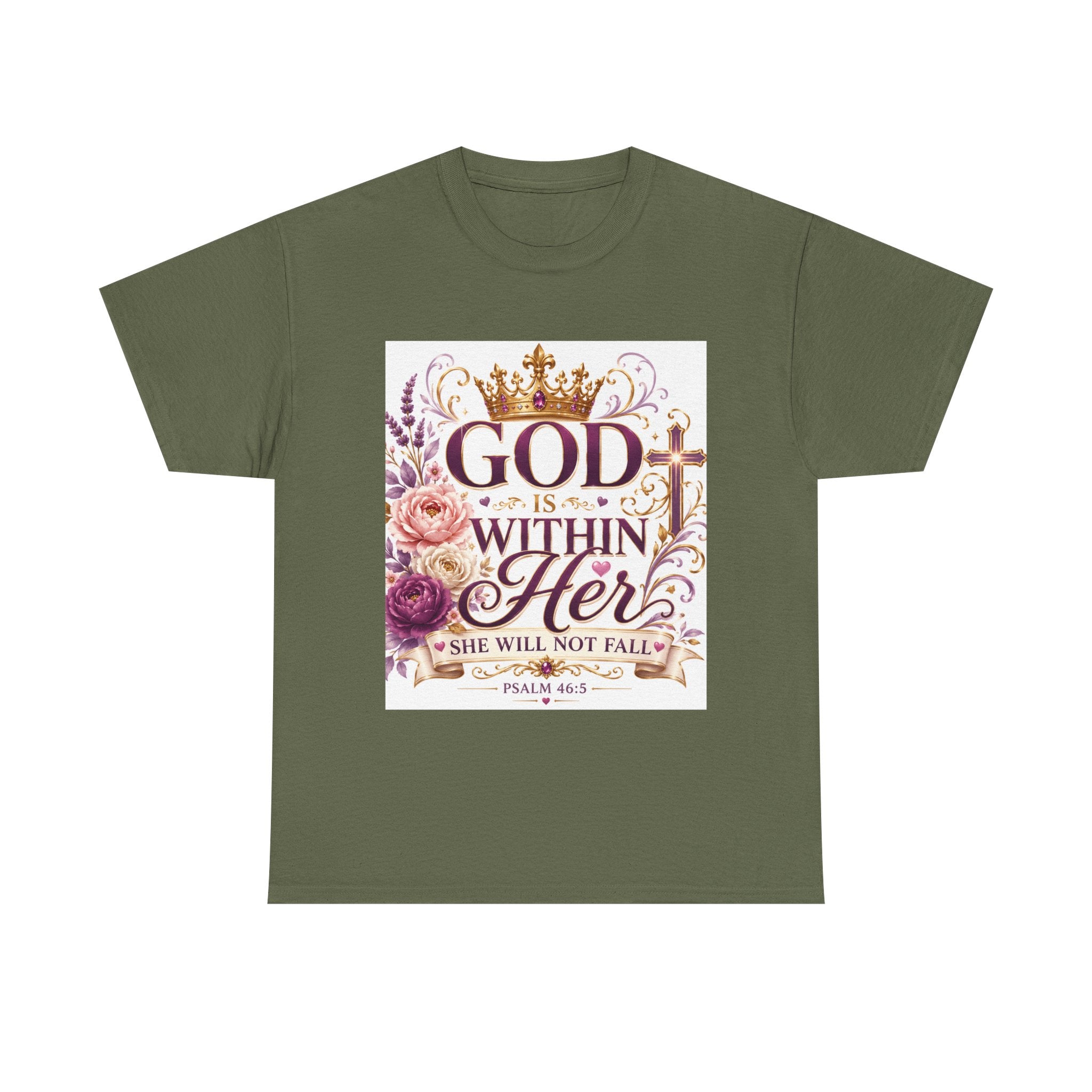 Inspirational Christian Tee - "God Is Within Her, She Will Not Fall" Floral Psalm 46:5 Shirt