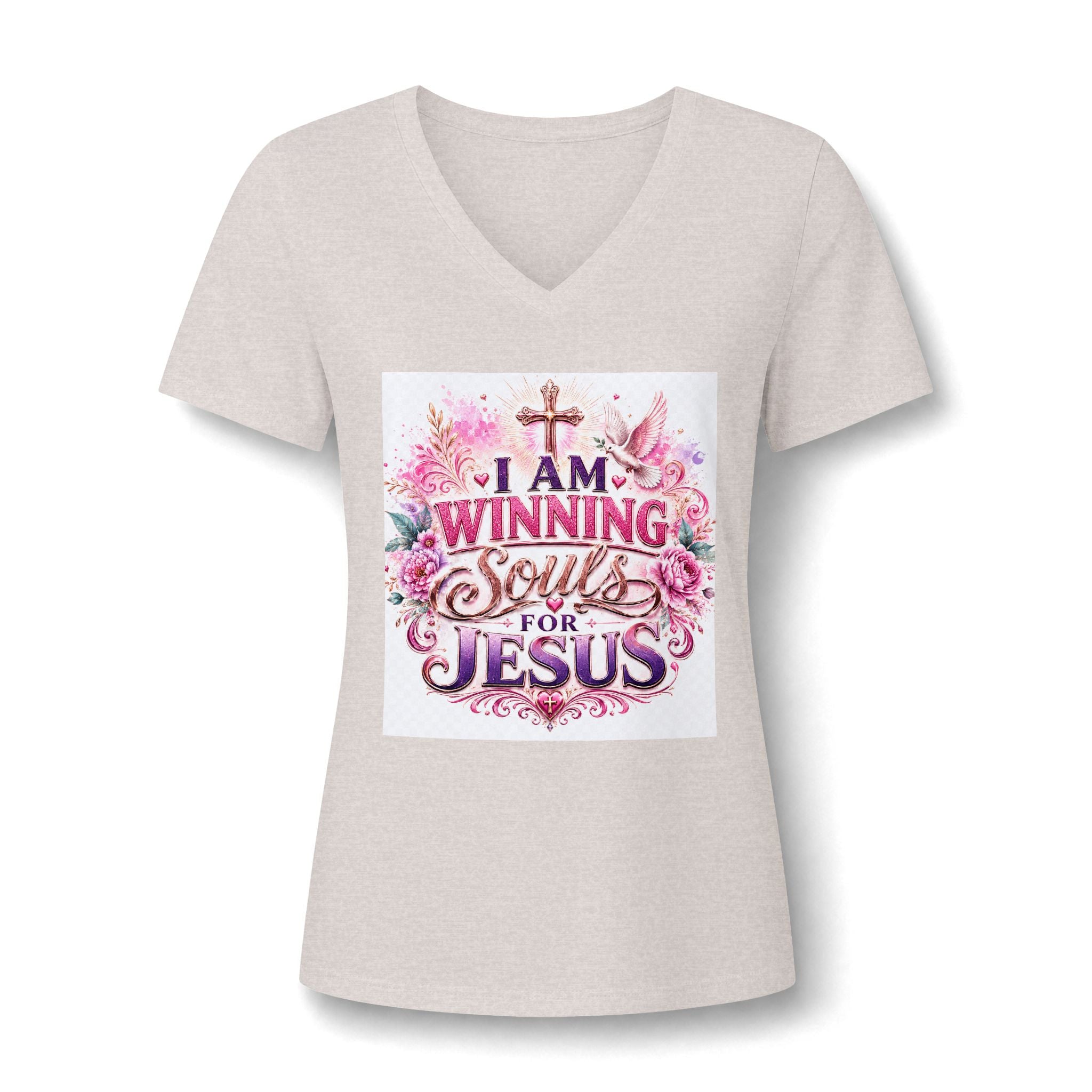 Christian V-Neck Tee — "I Am Winning Souls for Jesus" Floral Design