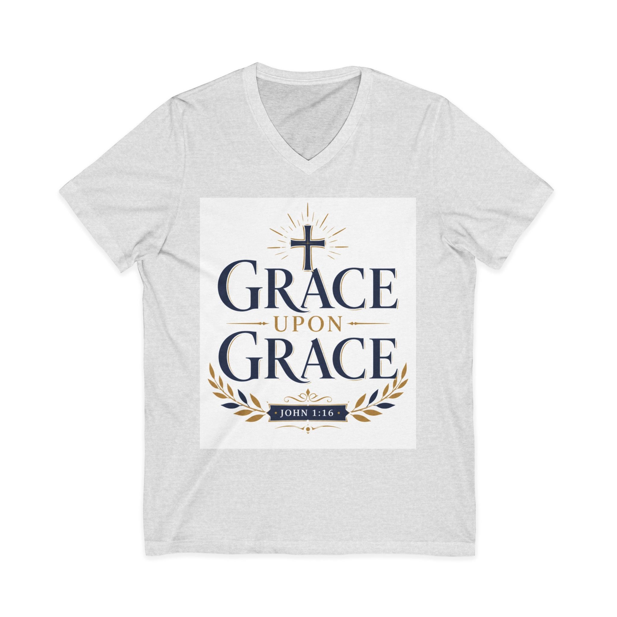 Grace Upon Grace V-Neck Tee — Christian Faith Inspirational Shirt (John 1:16)