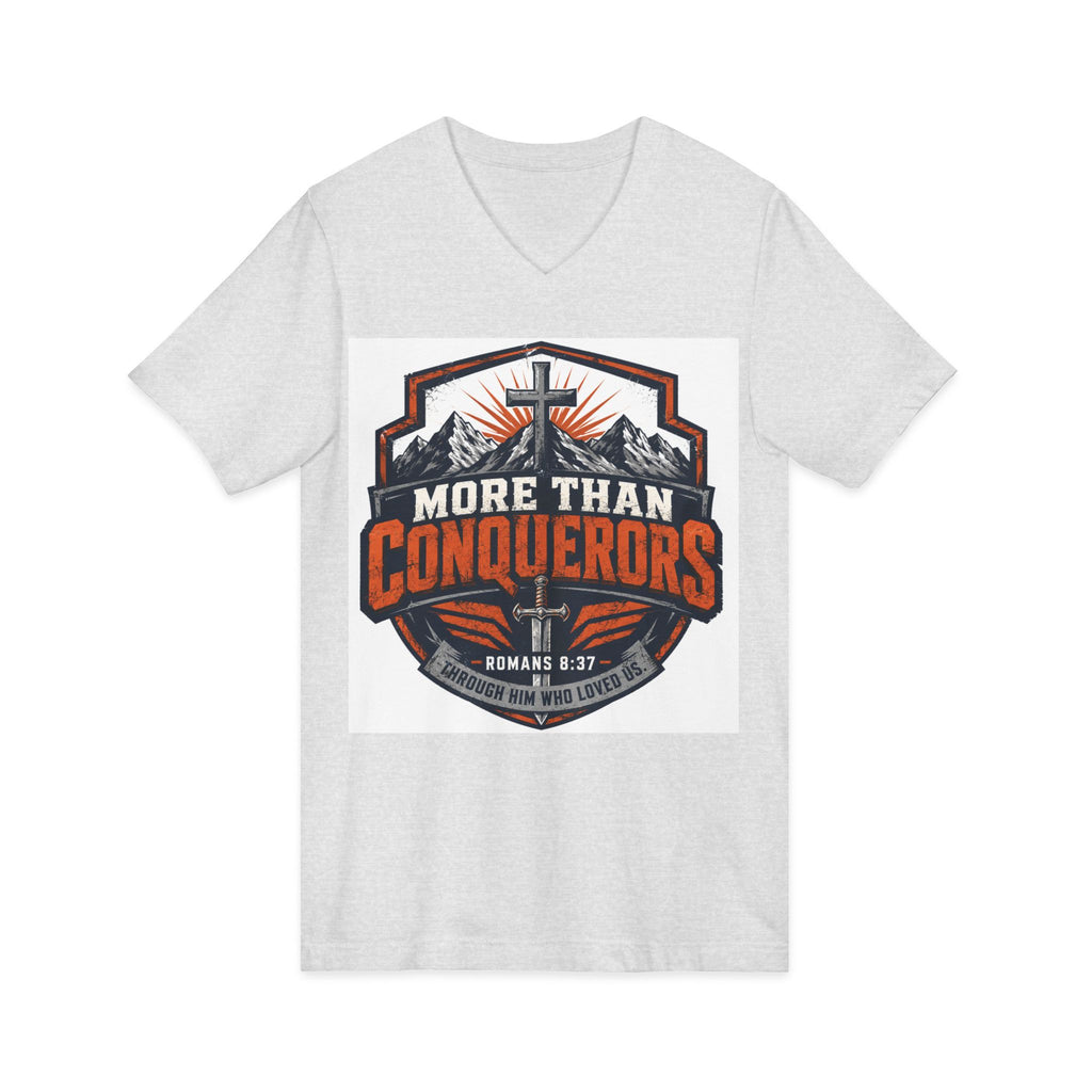 More Than Conquerors V-Neck Tee — Christian Faith Graphic Shirt (Romans 8:37)