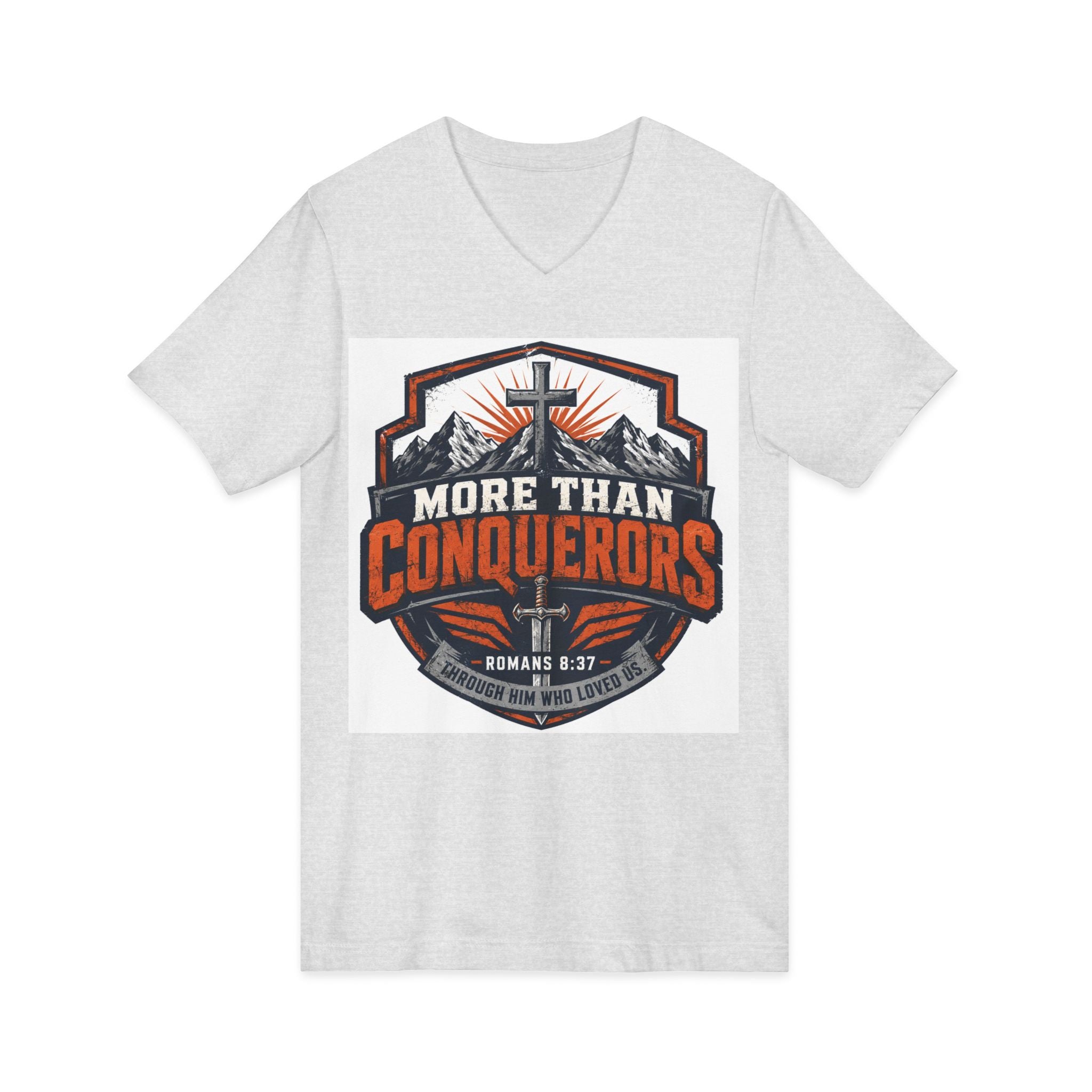 More Than Conquerors V-Neck Tee — Christian Faith Graphic Shirt (Romans 8:37)