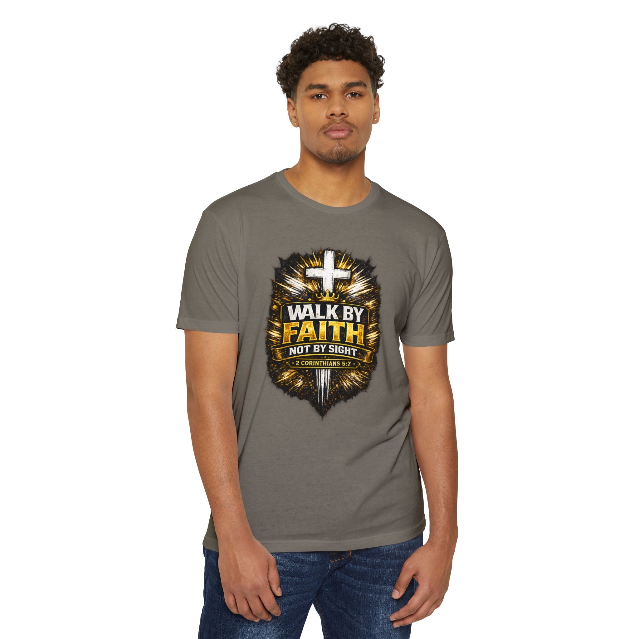 Walk By Faith T-Shirt — Christian Cross Scripture Tee (2 Corinthians 5:7)