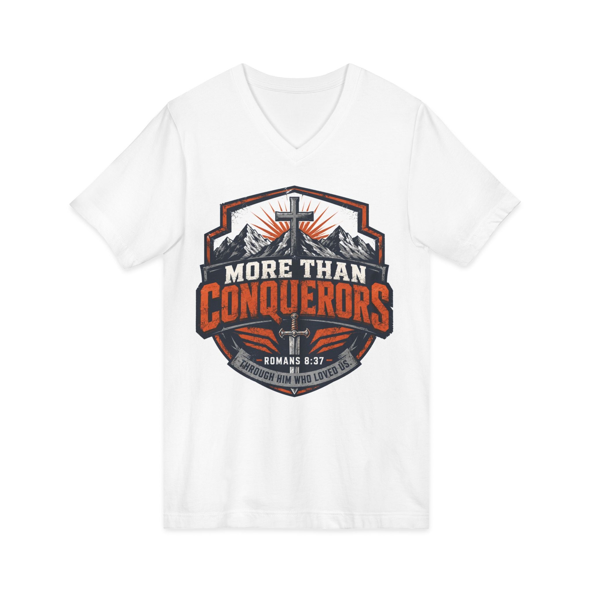 More Than Conquerors V-Neck Tee — Christian Faith Graphic Shirt (Romans 8:37)