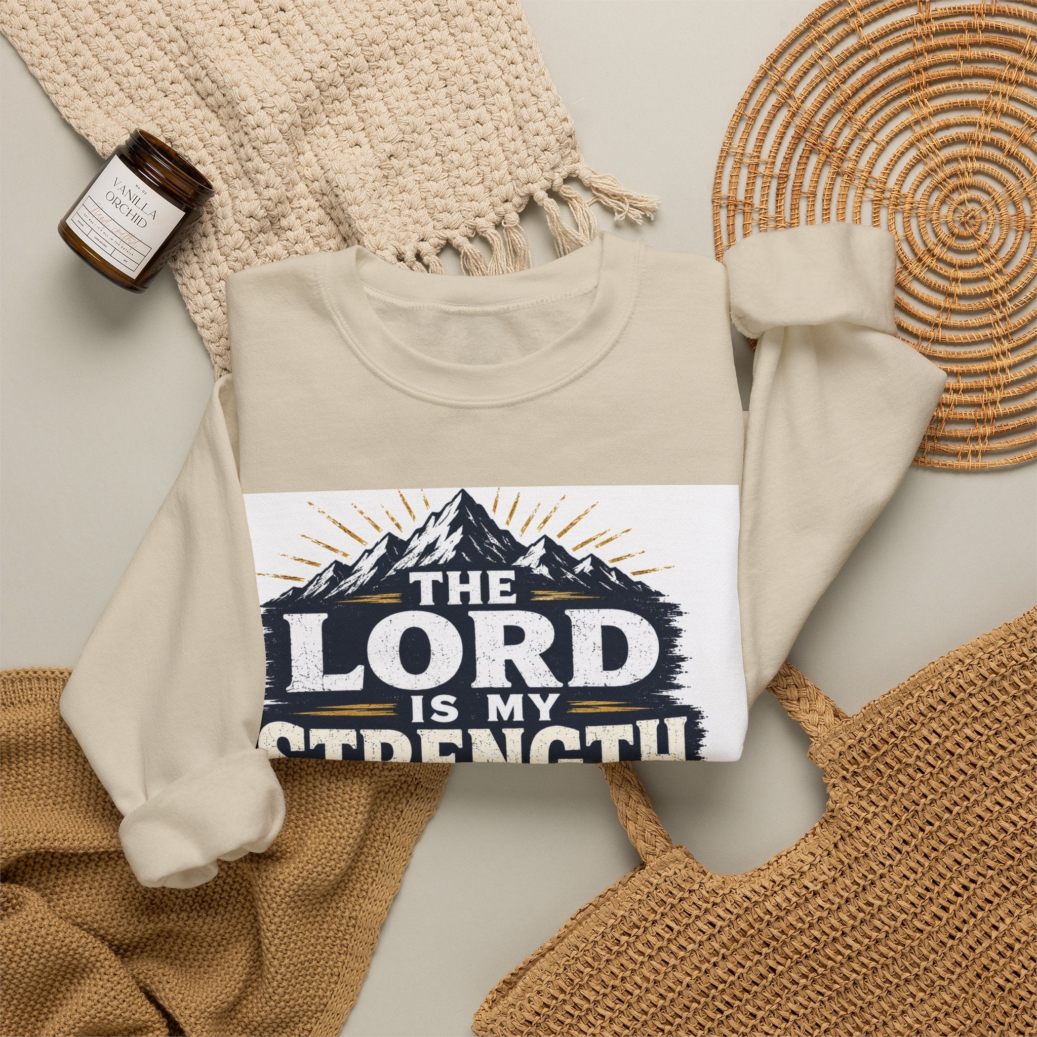Crewneck Sweatshirt — "The Lord Is My Strength and My Shield" Psalm 28:7 Christian Pullover