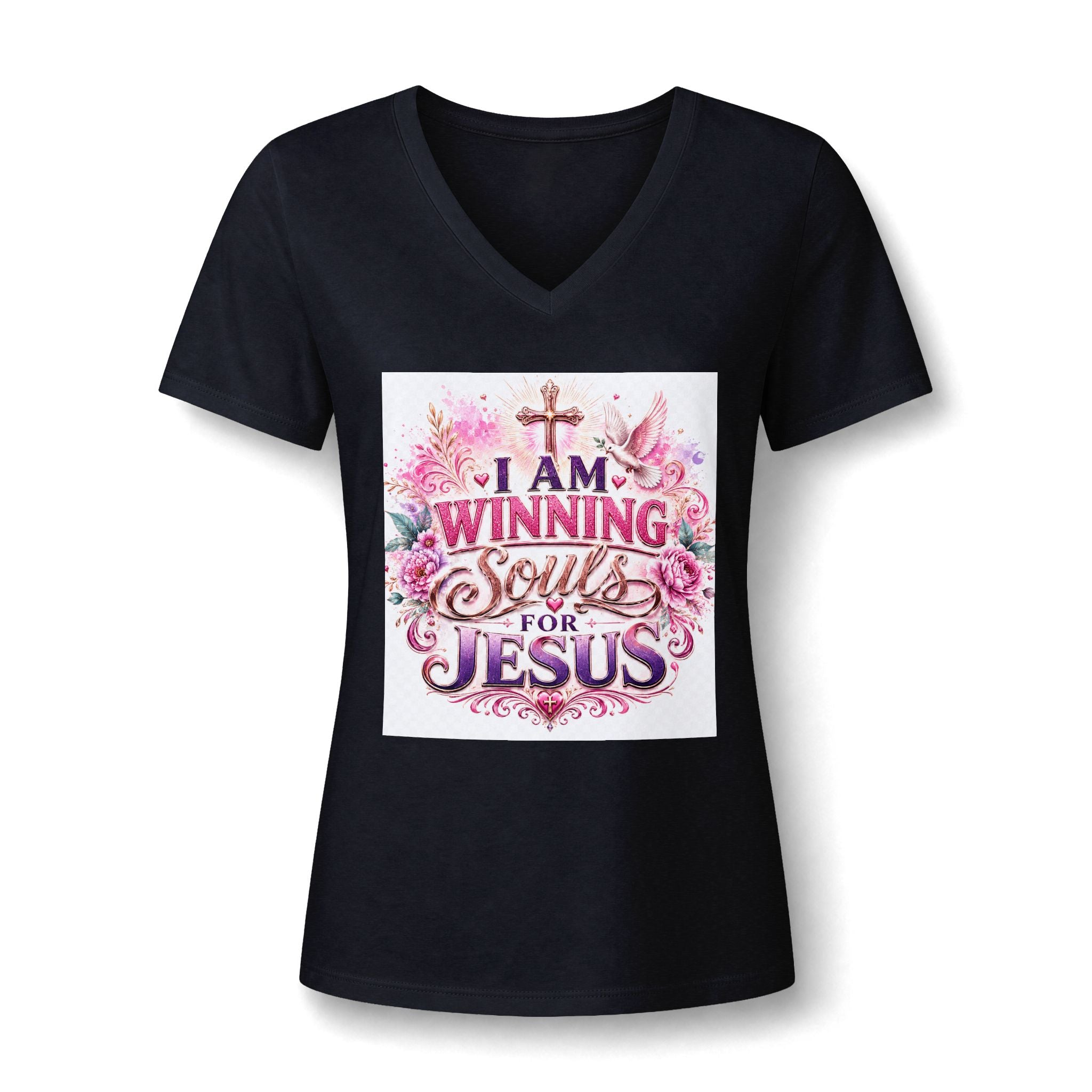 Christian V-Neck Tee — "I Am Winning Souls for Jesus" Floral Design