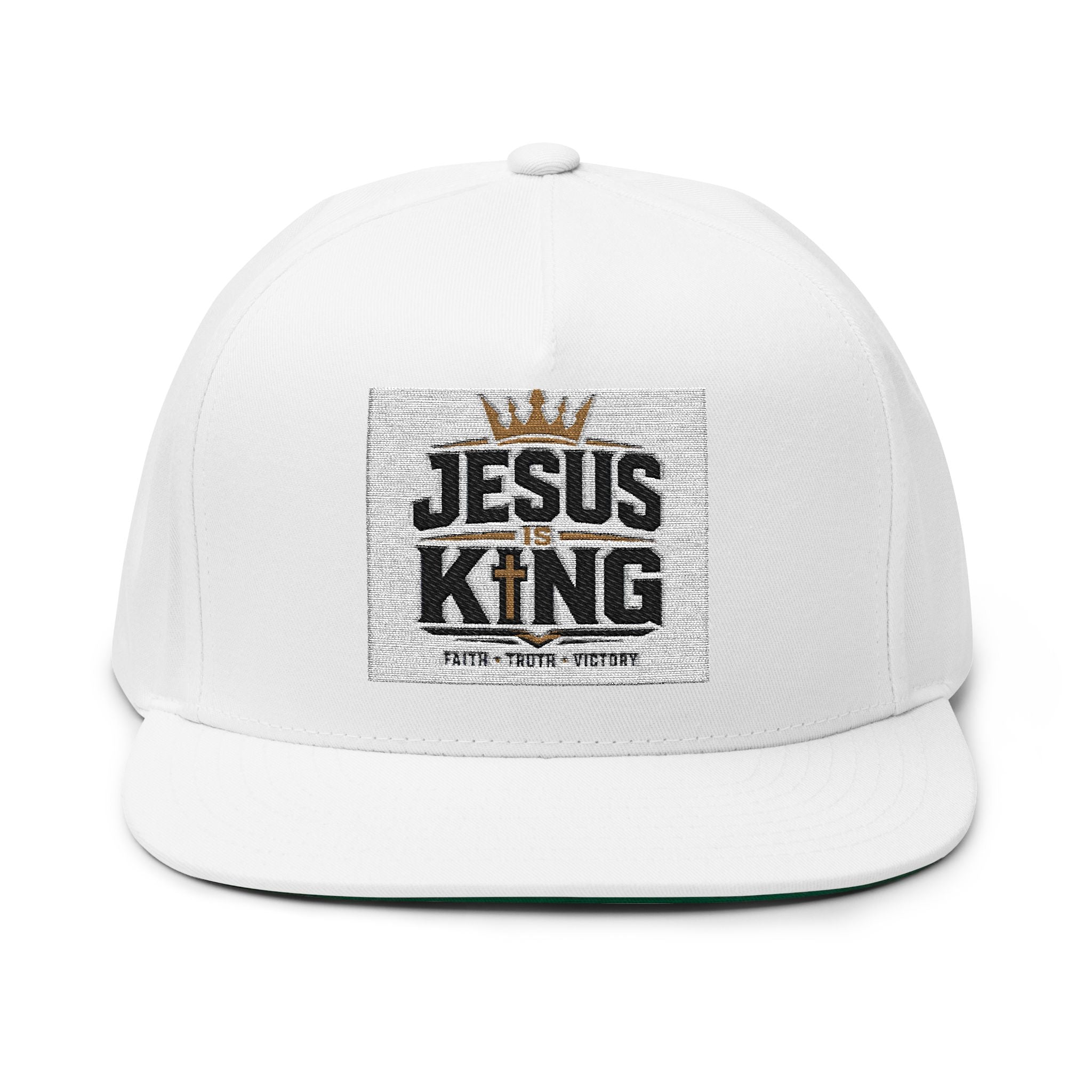 Jesus King Flat Bill Cap — Embroidered Christian Snapback Hat