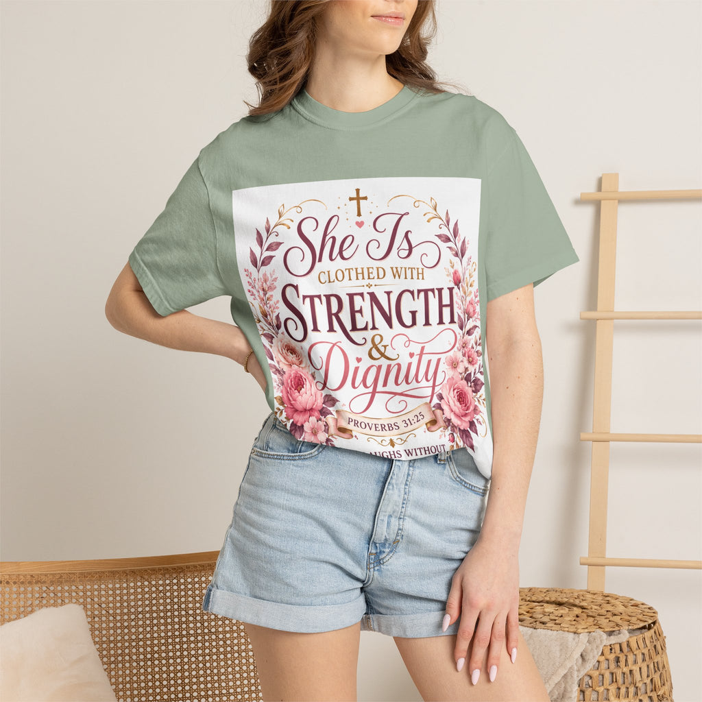 She Is Clothed With Strength & Dignity T-Shirt — Proverbs 31 Floral Christian Tee