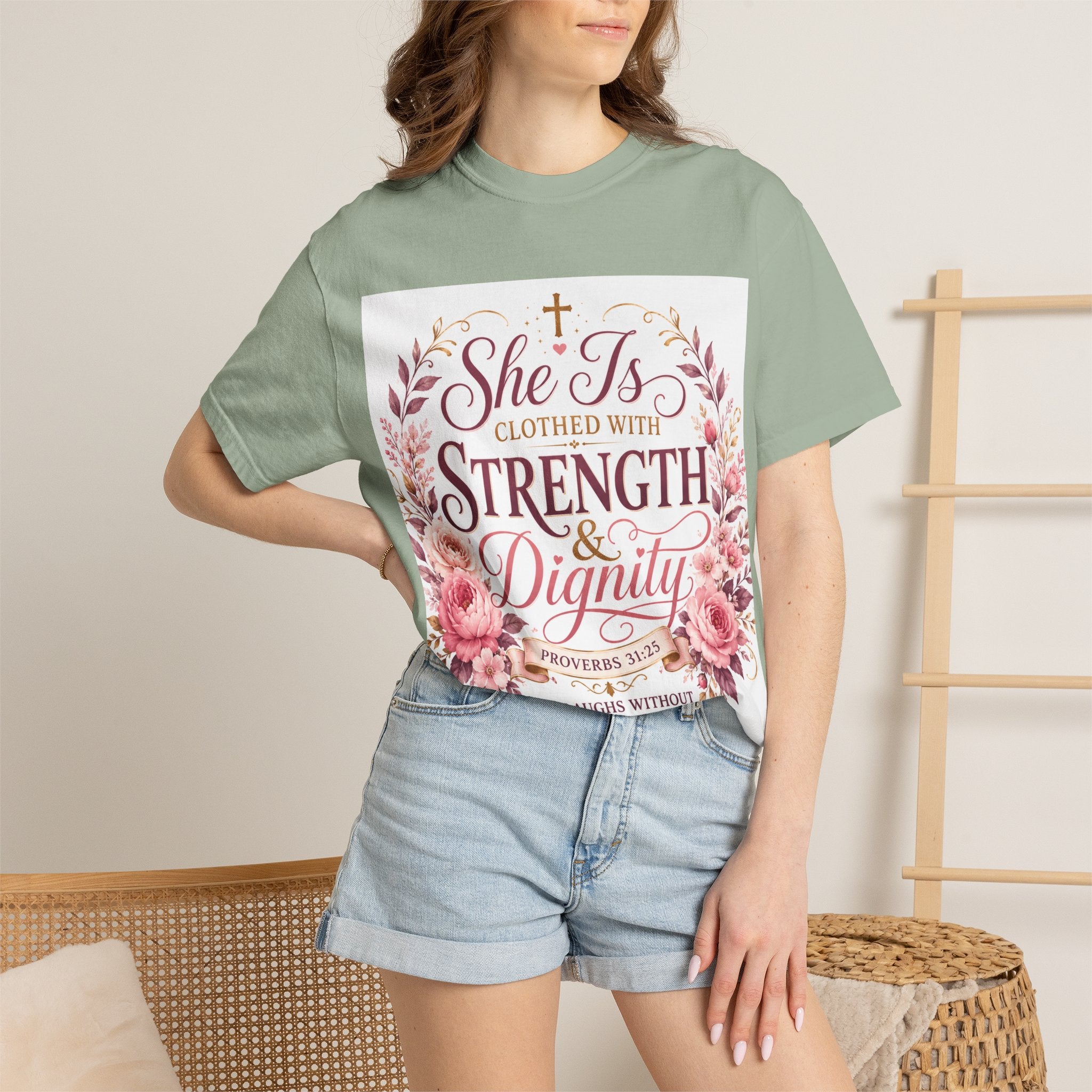 She Is Clothed With Strength & Dignity T-Shirt — Proverbs 31 Floral Christian Tee