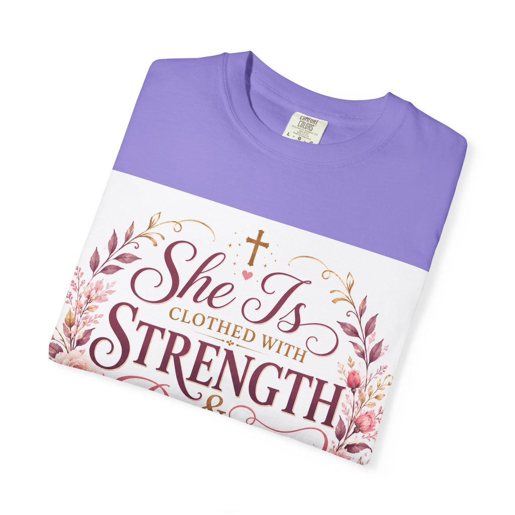 She Is Clothed With Strength & Dignity T-Shirt — Proverbs 31 Floral Christian Tee