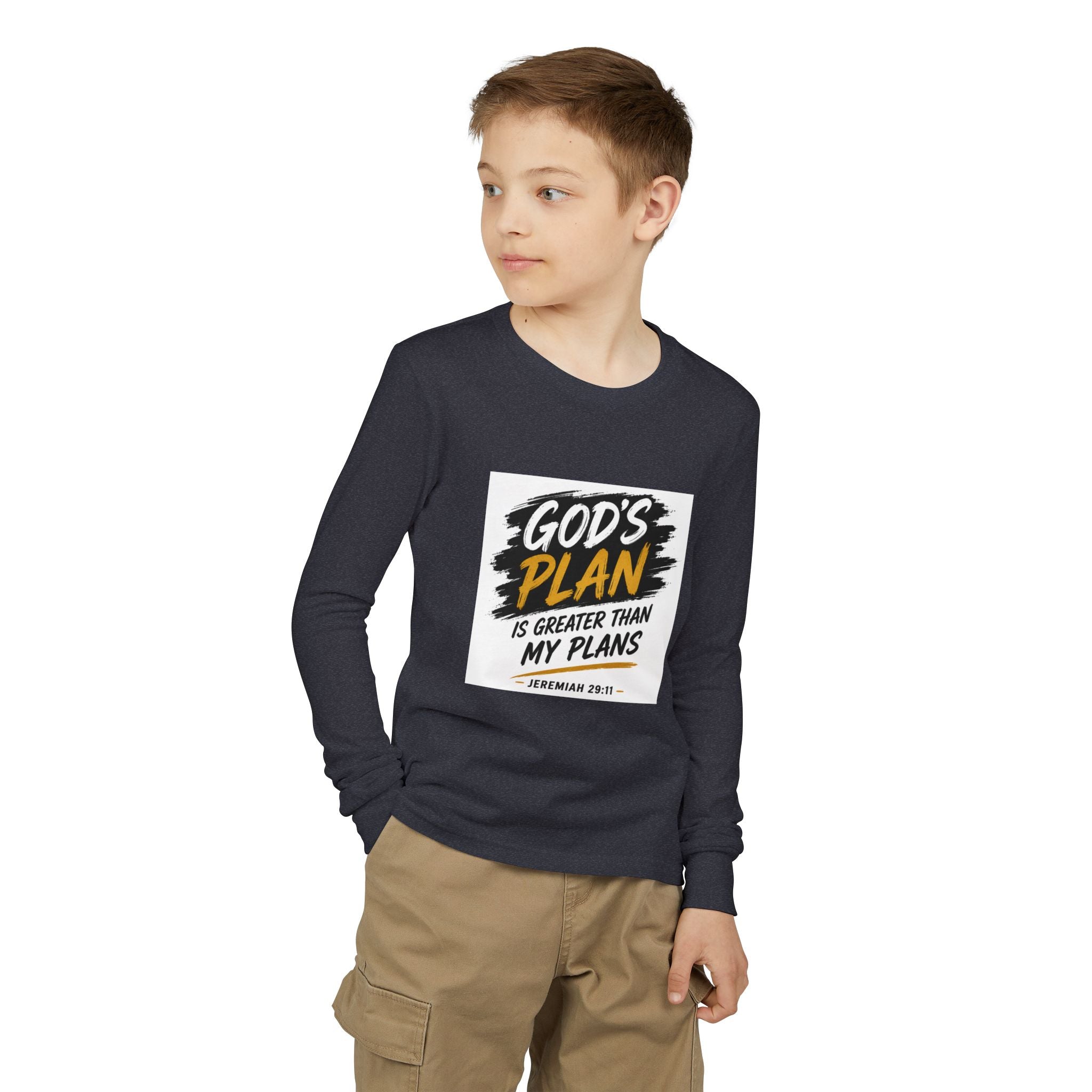 God's Plan Youth Long Sleeve Tee — "God's Plan Is Greater Than My Plans" Christian Kids Shirt