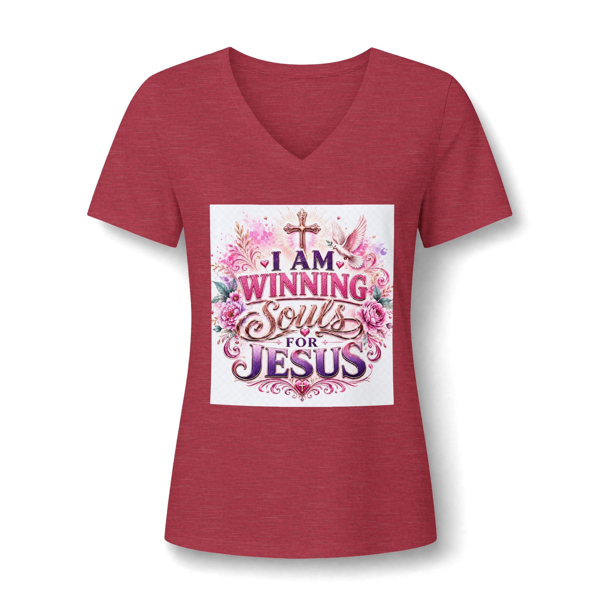 Christian V-Neck Tee — "I Am Winning Souls for Jesus" Floral Design