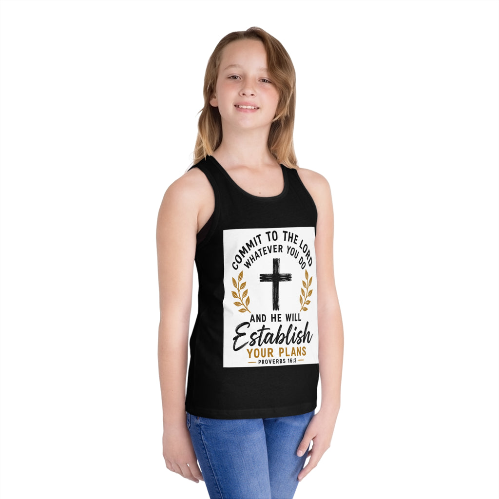 Kids Faith Tank Top - "Commit to the Lord" Proverbs 16:3 Cross Design