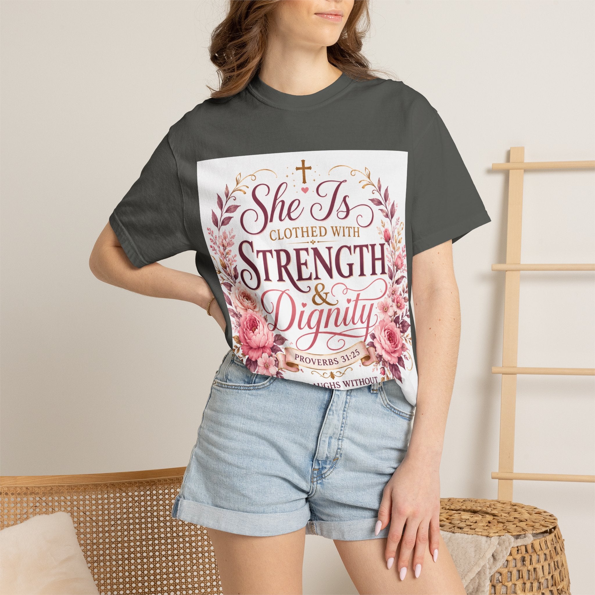 She Is Clothed With Strength & Dignity T-Shirt — Proverbs 31 Floral Christian Tee