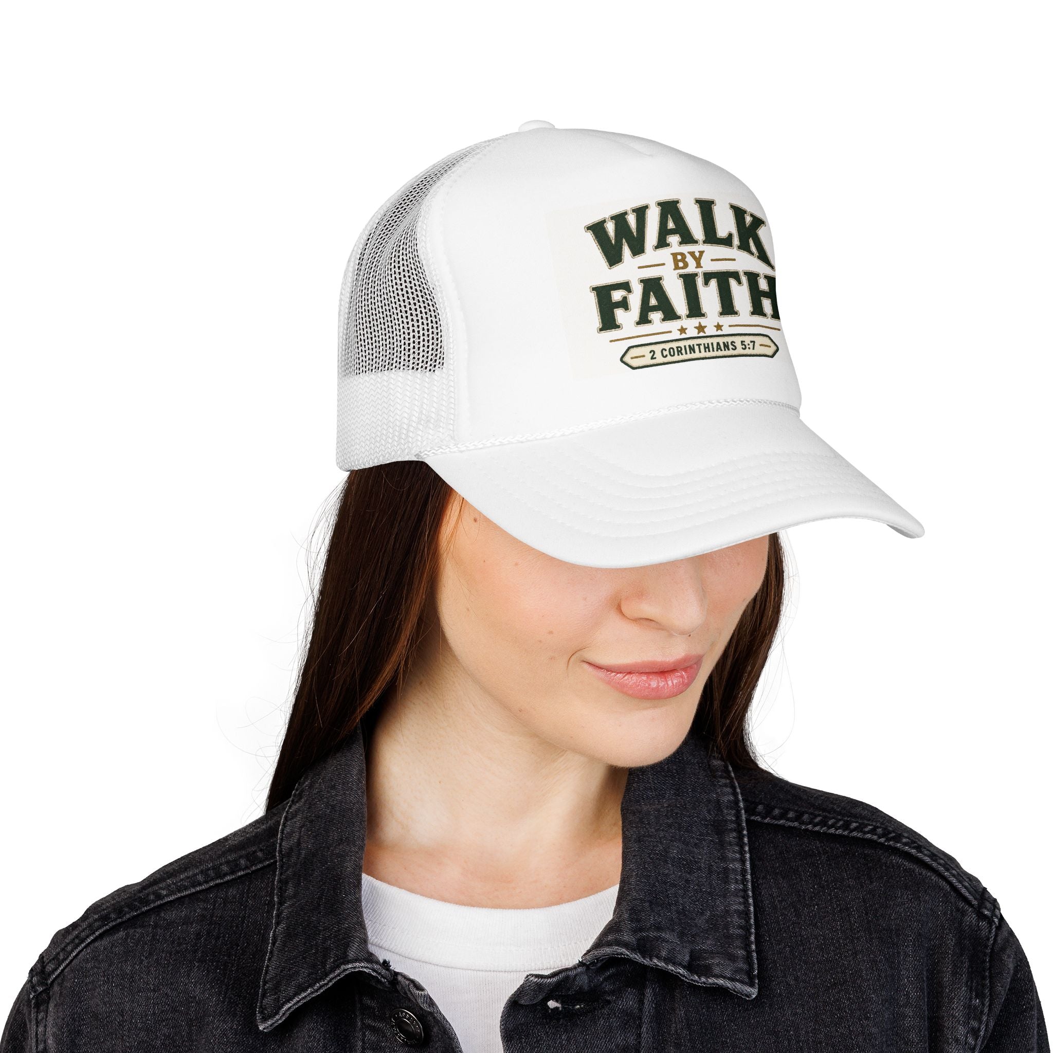 Walk By Faith Foam Trucker Hat — 2 Corinthians 5:7 Christian Cap