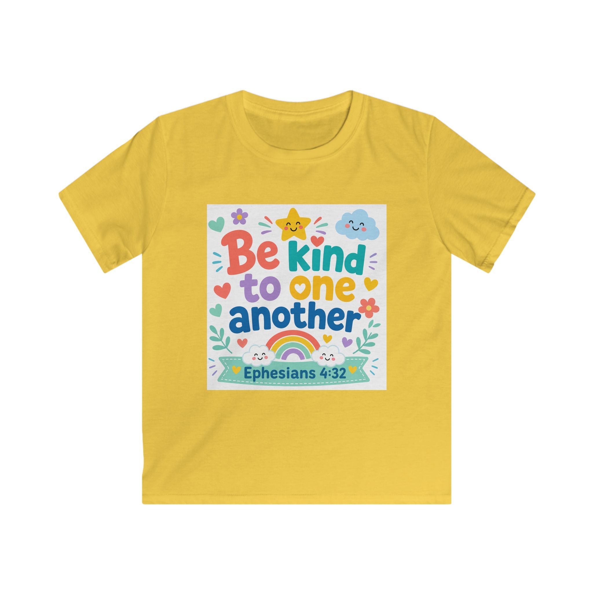 Kids Tee — “Be Kind to One Another” Ephesians 4:32 Christian Rainbow Shirt