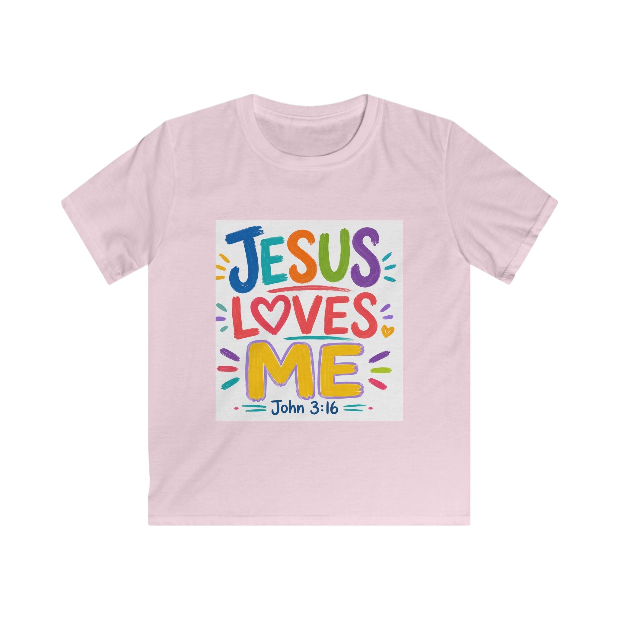 Kids Tee — "Jesus Loves Me" Colorful Scripture T‑Shirt (John 3:16)