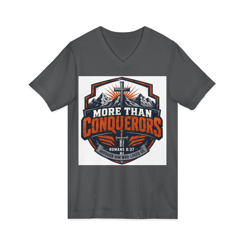 More Than Conquerors V-Neck Tee — Christian Faith Graphic Shirt (Romans 8:37)