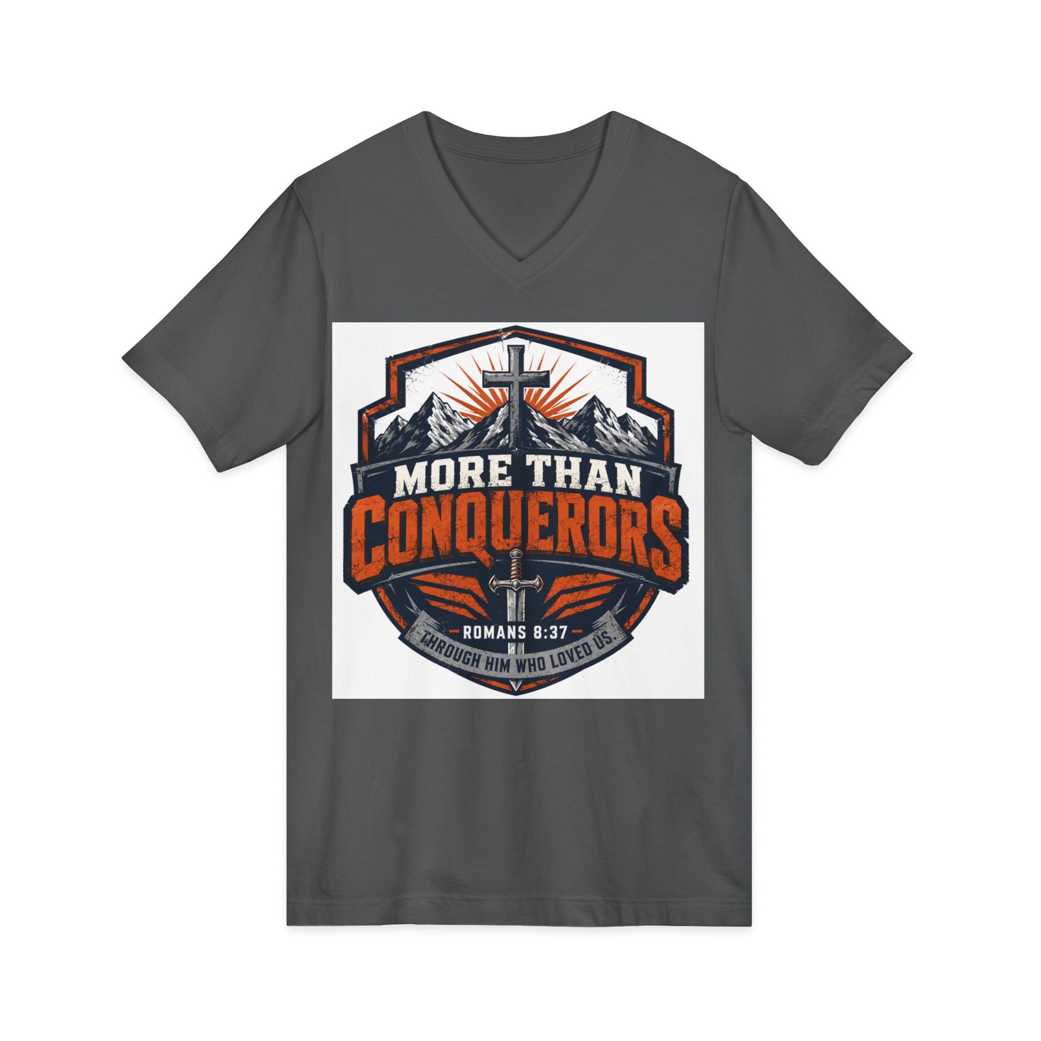 More Than Conquerors V-Neck Tee — Christian Faith Graphic Shirt (Romans 8:37)