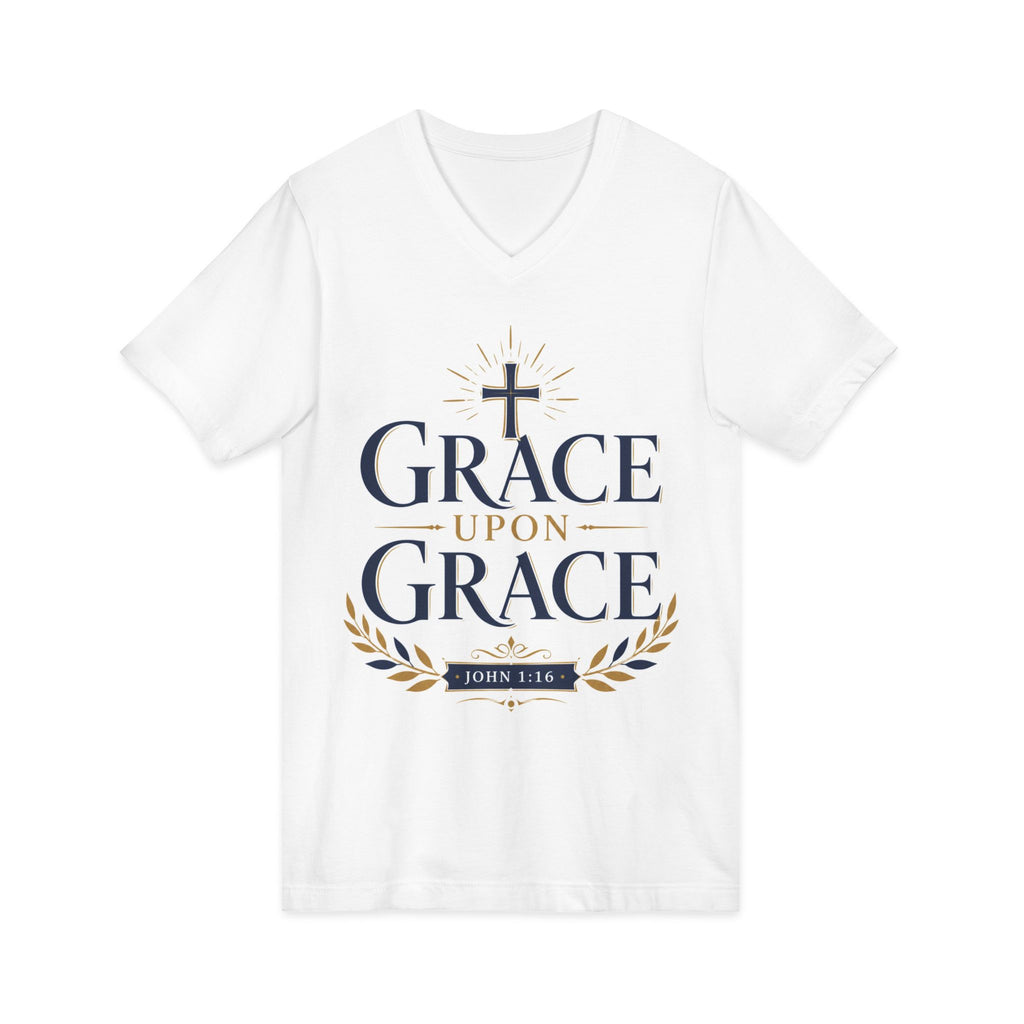 Grace Upon Grace V-Neck Tee — Christian Faith Inspirational Shirt (John 1:16)