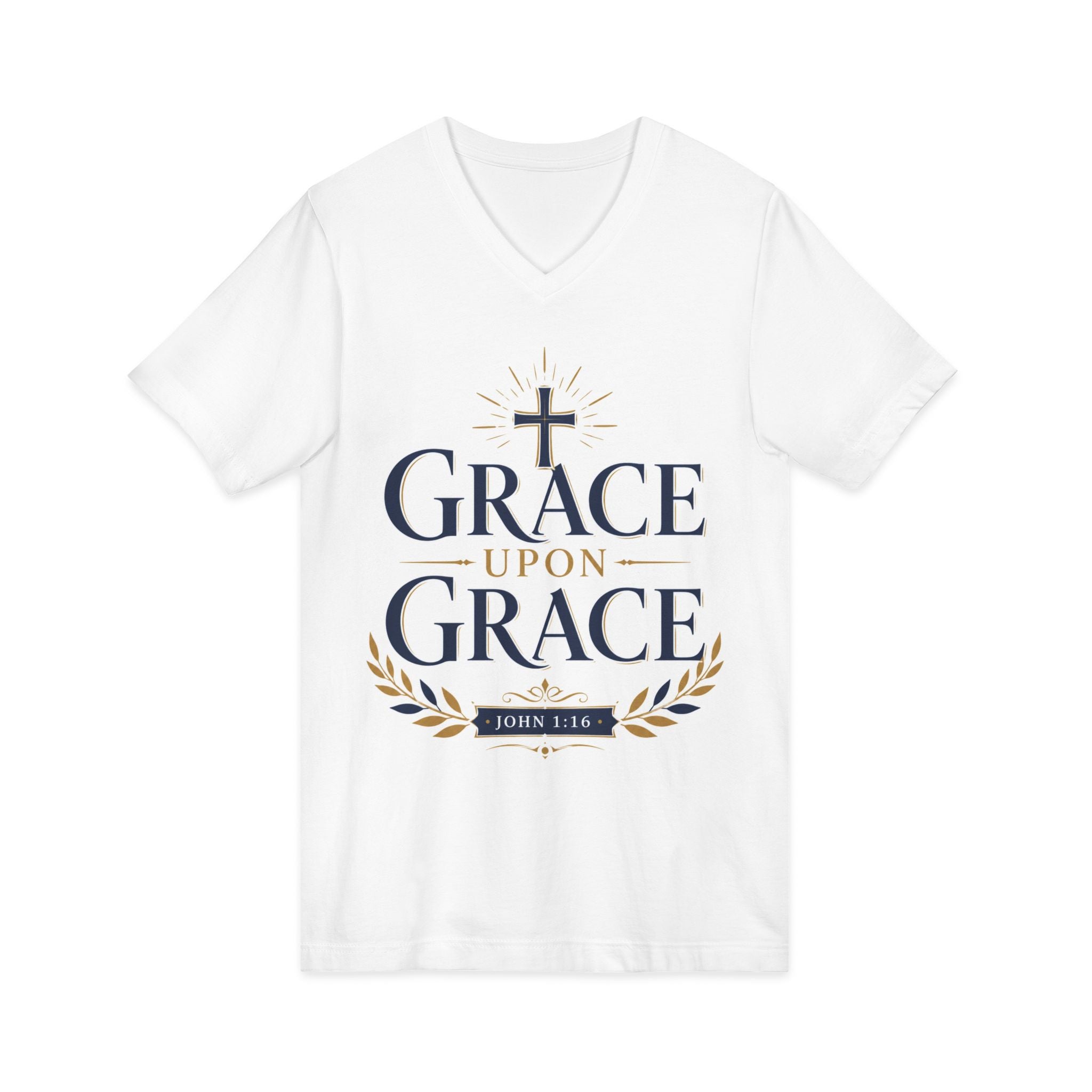 Grace Upon Grace V-Neck Tee — Christian Faith Inspirational Shirt (John 1:16)