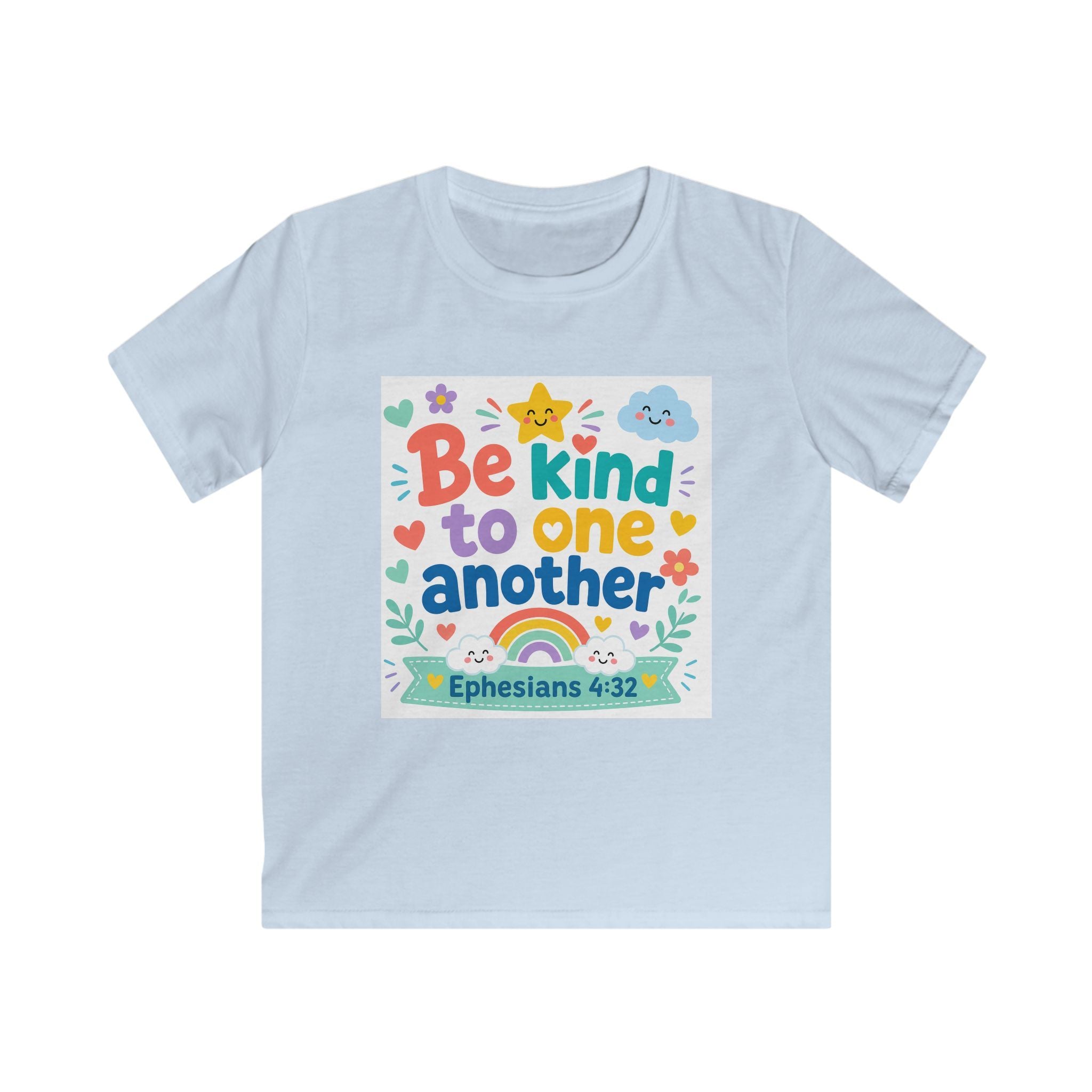 Kids Tee — “Be Kind to One Another” Ephesians 4:32 Christian Rainbow Shirt