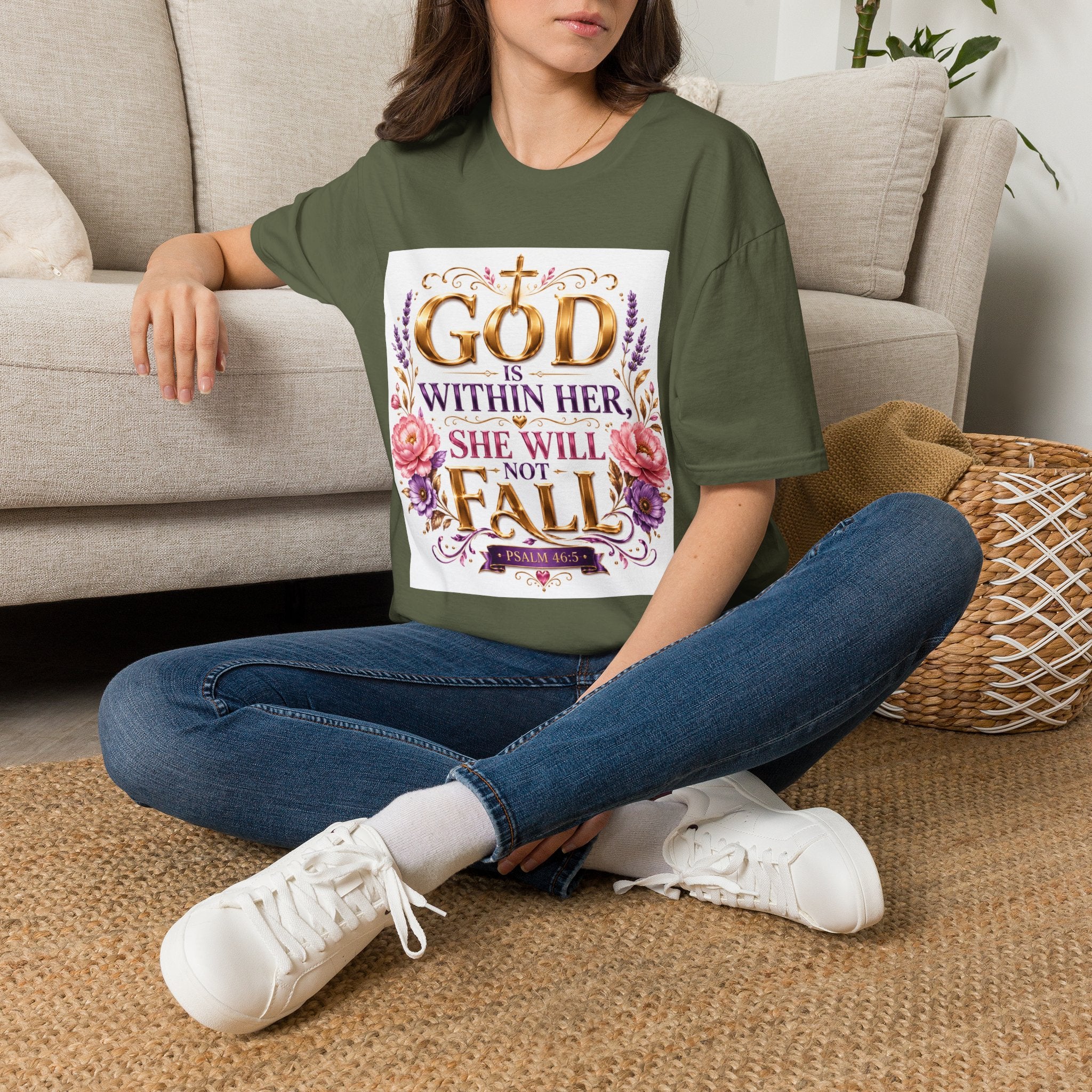 Faithful Floral T‑Shirt — "God Is Within Her, She Will Not Fall" Inspirational Christian Tee