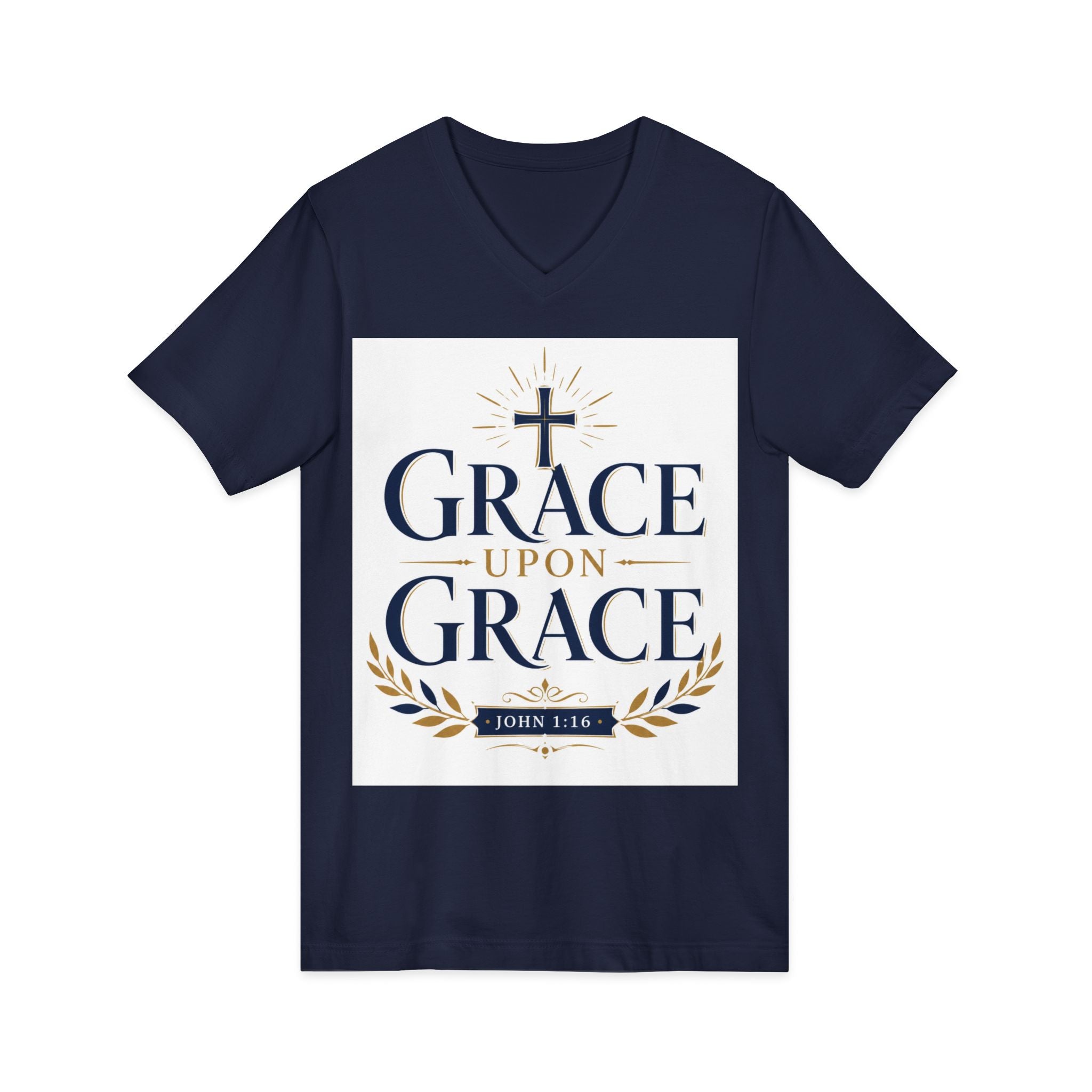 Grace Upon Grace V-Neck Tee — Christian Faith Inspirational Shirt (John 1:16)